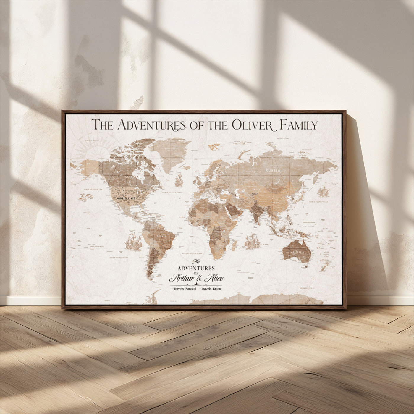 43869621-MGV-CV-36X24-Personalized World Map Wall Art – Light Beige Sepia Adventure Travel Map with Custom Family or Couple Names, Rustic Wall Decor for