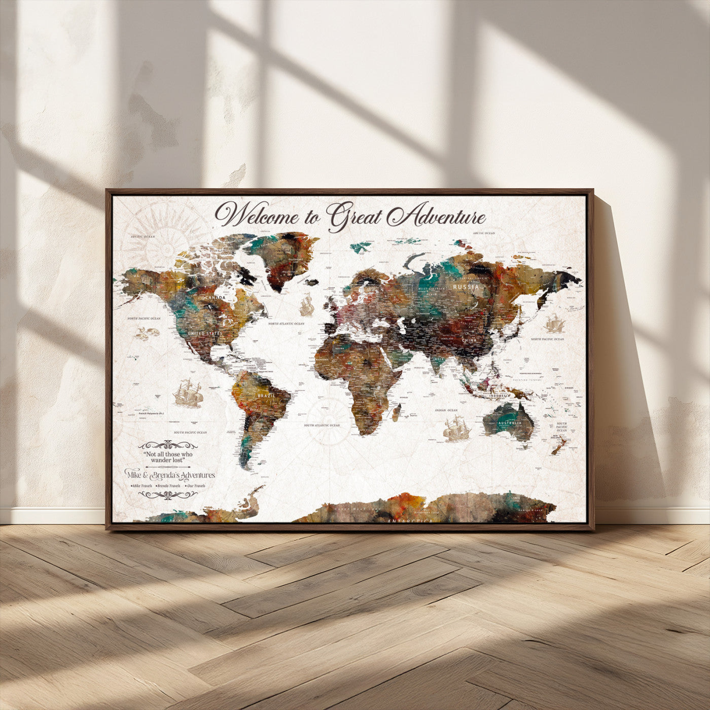 67029173-MGV-CV-36X24-Personalized World Map Wall Art – Colorful Vintage Adventure Travel Map with Custom Couple Names, Rustic Wall Decor for Home,