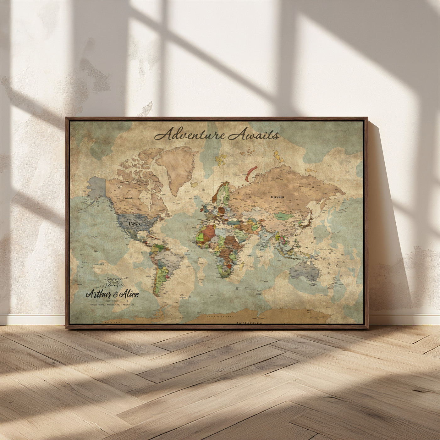 62500285-MGV-CV-36X24-Personalized World Map Wall Art – Rustic Watercolor Adventure Awaits Travel Map with Custom Couple Names, Vintage Wall Decor for