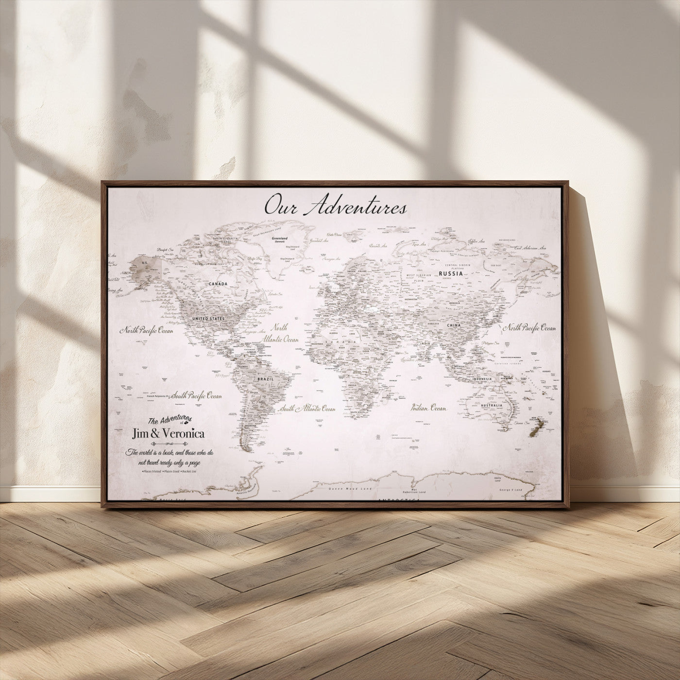 11706567-MGV-CV-36X24-Personalized World Map Wall Art – Minimalist Beige Adventure Travel Map with Custom Names, Elegant Push Pin Canvas for Couples,