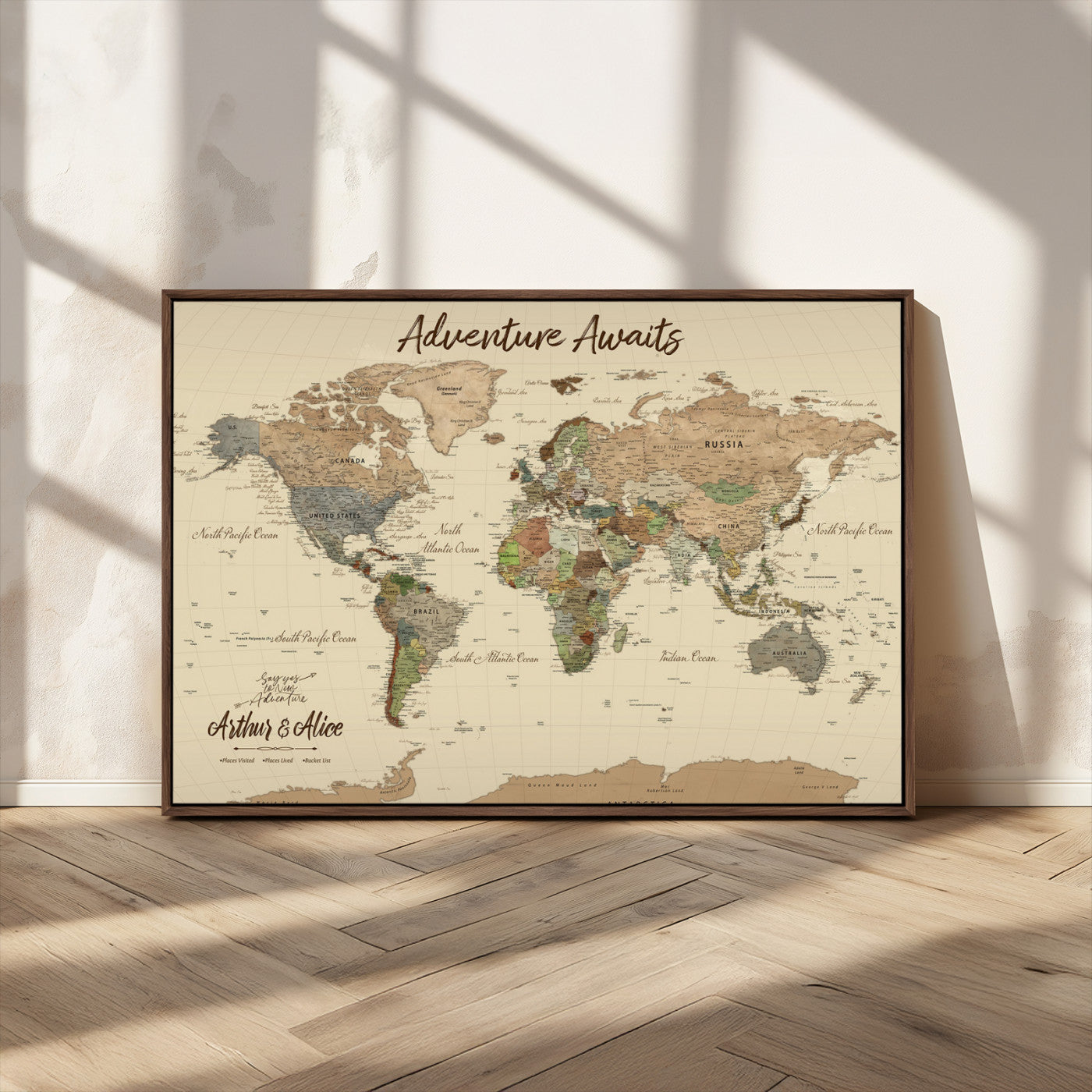 53442996-MGV-CV-36X24-Personalized World Map Wall Art – Adventure Awaits Vintage Travel Map with Custom Couple Names, Rustic Wall Decor for Home,