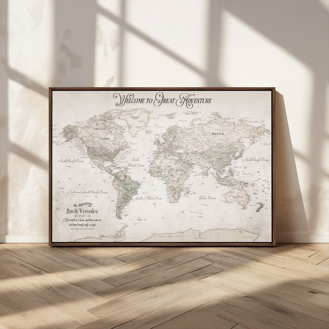 93034948-MGV-FC-36X24_Walnut-Personalized World Map Wall Art – Vintage Beige Adventure Travel Map with Custom Names, Elegant Push Pin Canvas for Couples,