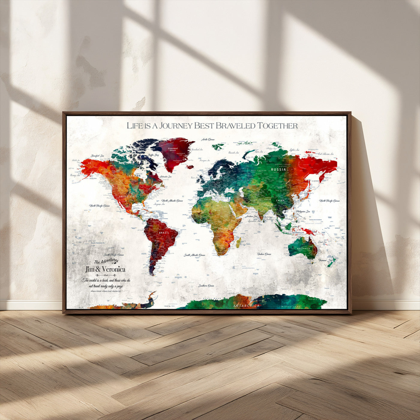 95876117-MGV-CV-36X24-Personalized World Map Wall Art – Colorful Watercolor Travel Map with Custom Names, Romantic Wall Decor for Couples, Wedding or