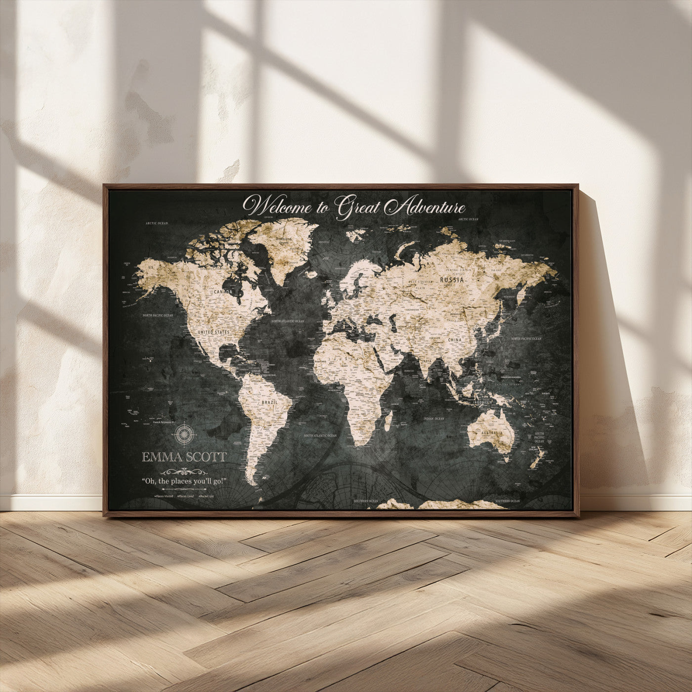 70534097-MGV-CV-36X24-Personalized World Map Wall Art – Dark Vintage Adventure Style Travel Map with Custom Names, Unique Wall Decor for Couples, Home