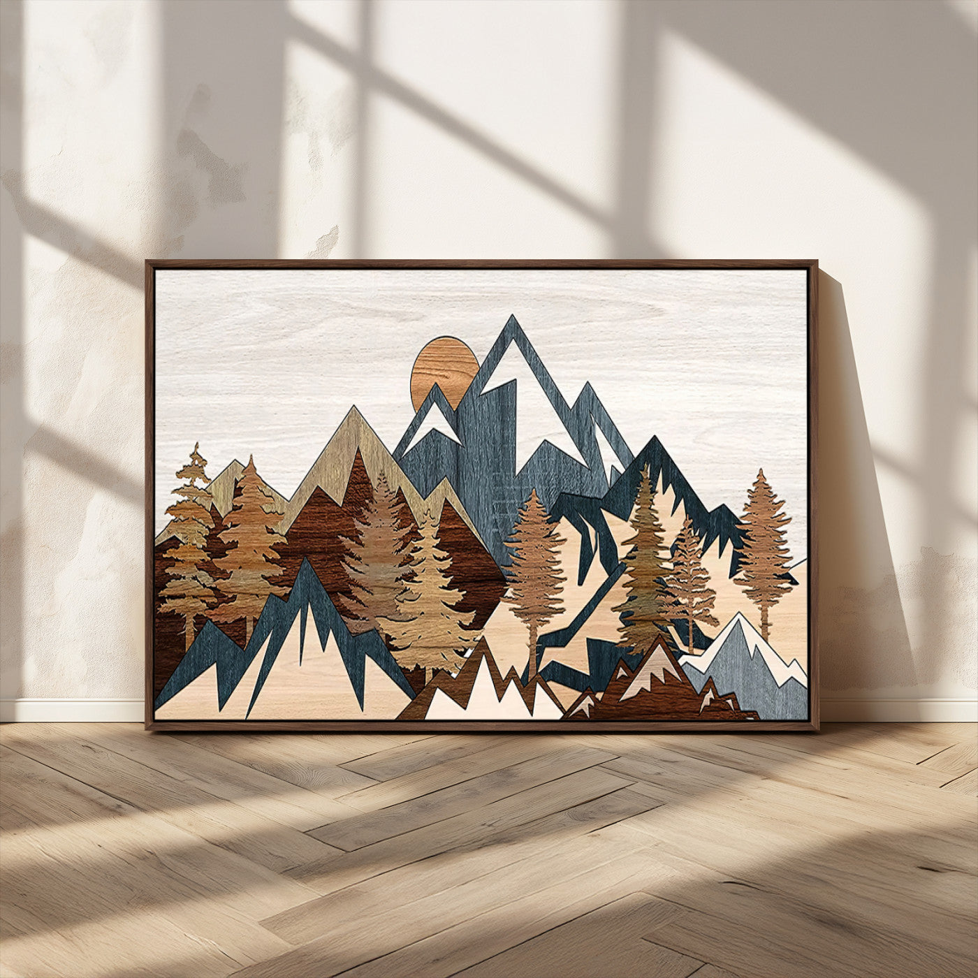 80300-MGV-FC-36X24_Walnut-Geometric Mountains Wall Art Canvas Print, Framed Stylized Trees Art Picture Print, Graphic Forest Perfect Rustic Abstract Decor