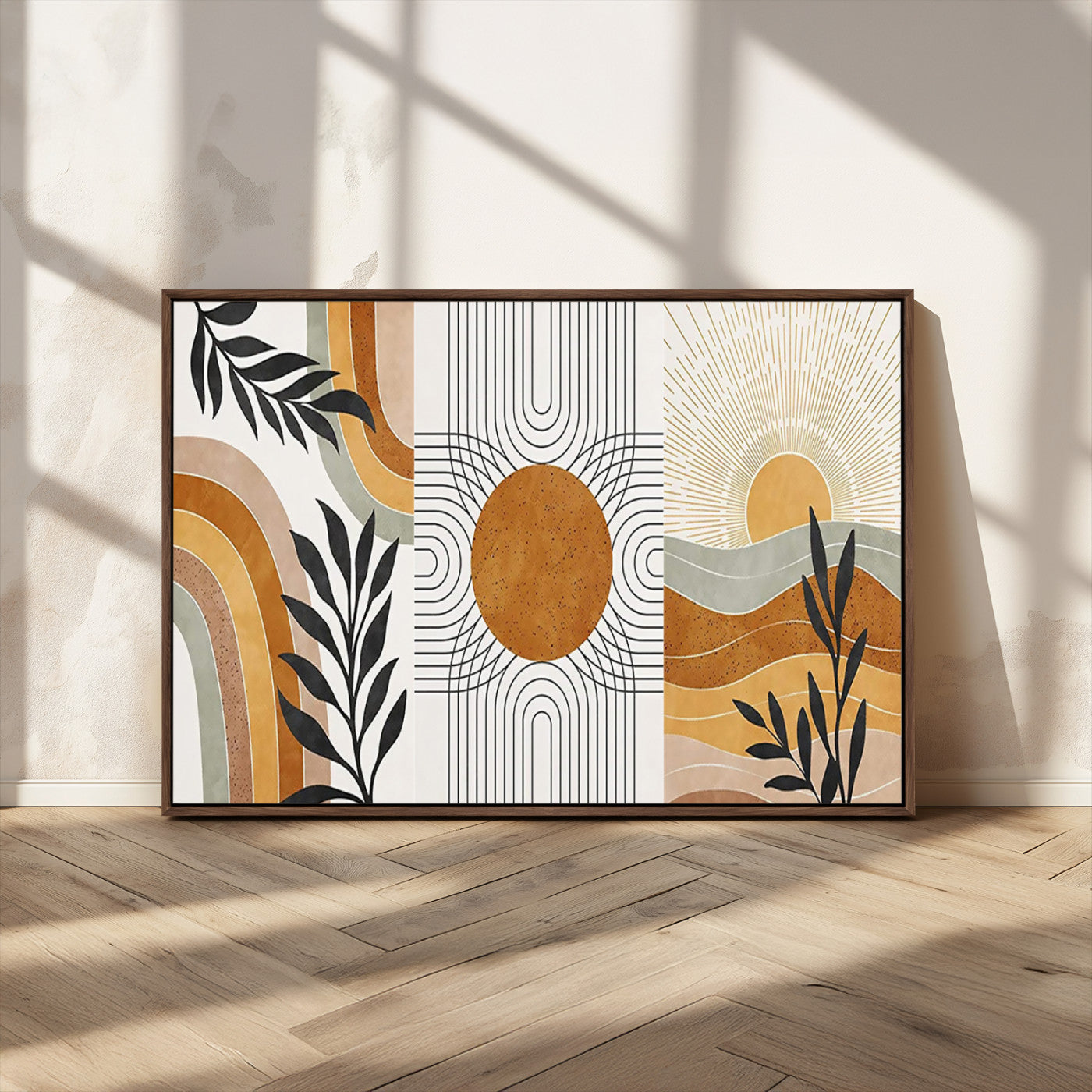 32359-MGV-CV-36X24-Modern Sun Wall Art Canvas Print, Framed Retro Horizon Art Picture Print, Sunburst Design Perfect Mid Century Boho Decor Artwork