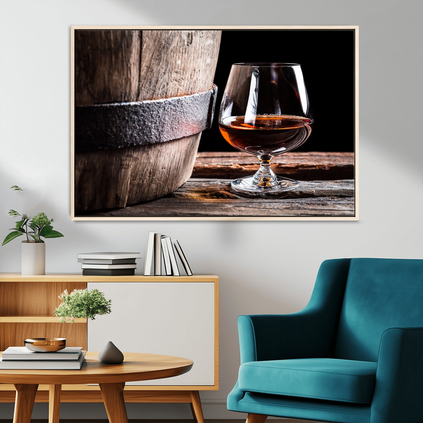 50839-MGV-CV-36X24-Barrel & Brandy Wall Art – Rustic Whiskey Barrel and Brandy Glass Canvas Print, Elegant Home Bar or Lounge Decor for Office, Man