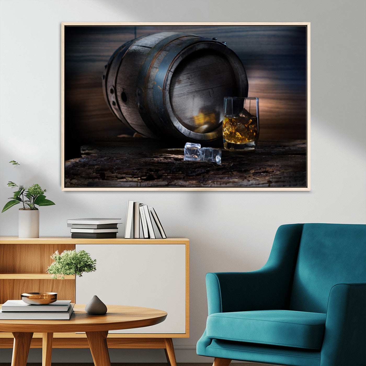 78049-MGV-CV-36X24-Whiskey Barrel Wall Art – Rustic Whiskey Barrel and Glass with Ice Canvas Print, Classic Bar or Lounge Decor for Home, Office, or