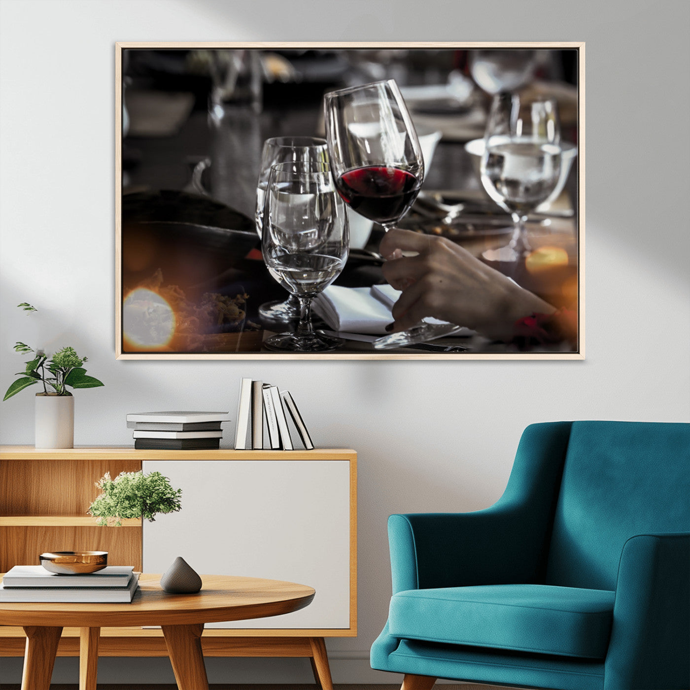 75513-MGV-CV-36X24-Elegant Wine Toast Wall Art – Close-Up Red Wine Glass at Dinner Table Canvas Print, Sophisticated Dining Room or Bar Decor