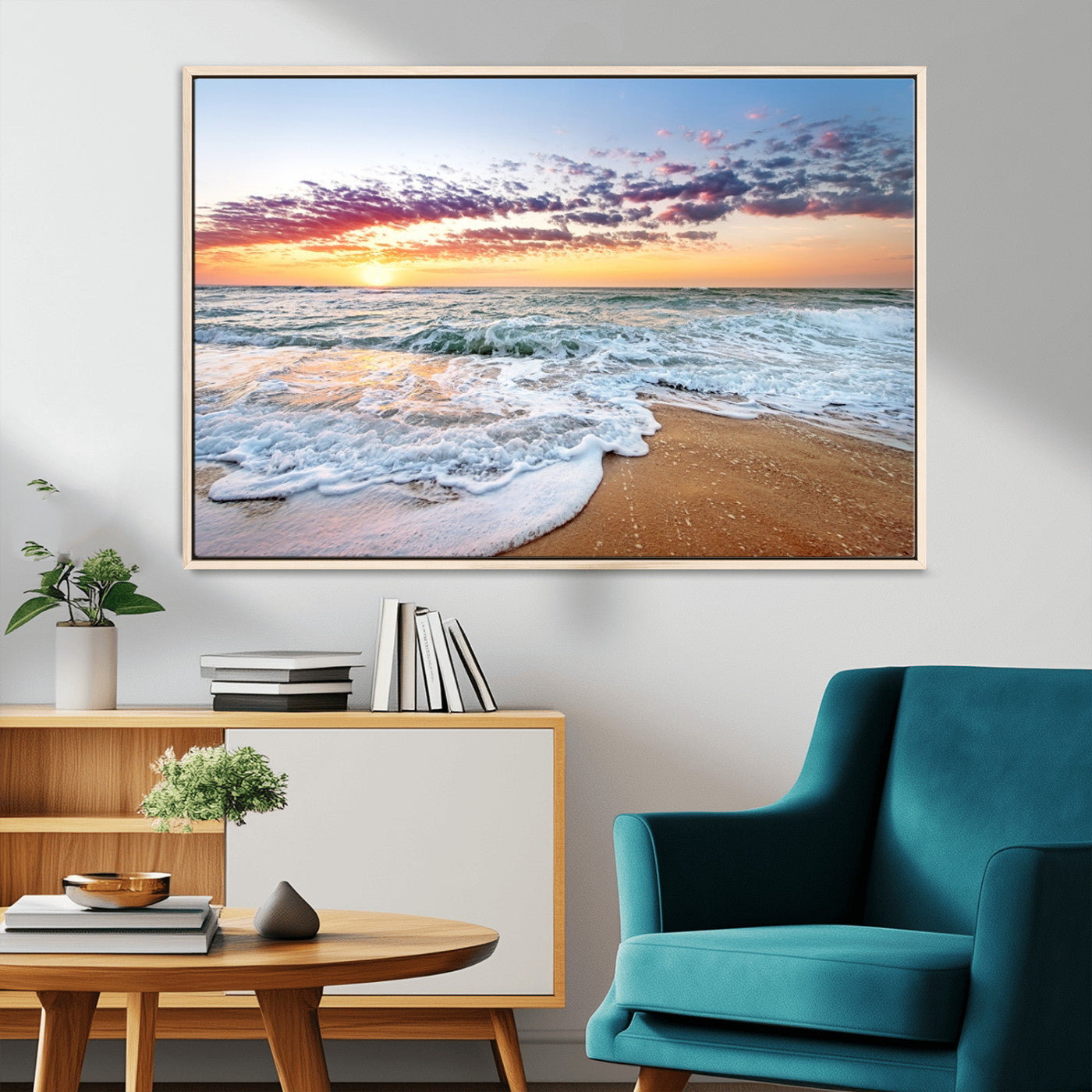 39560-MGV-CV-36X24-Sunrise Beach Wall Art – Vibrant Ocean Waves and Golden Sand Canvas Print, Seaside Coastal Decor for Living Room, Bedroom or