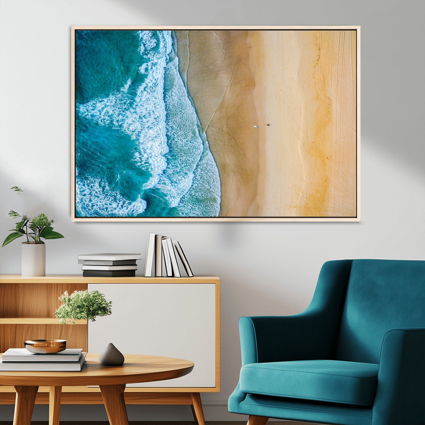 46640-MGV-CV-36X24-Aerial Beach Wall Art – Turquoise Waves and Golden Sand Canvas Print with Lone Surfer, Coastal Ocean Decor for Living Room,