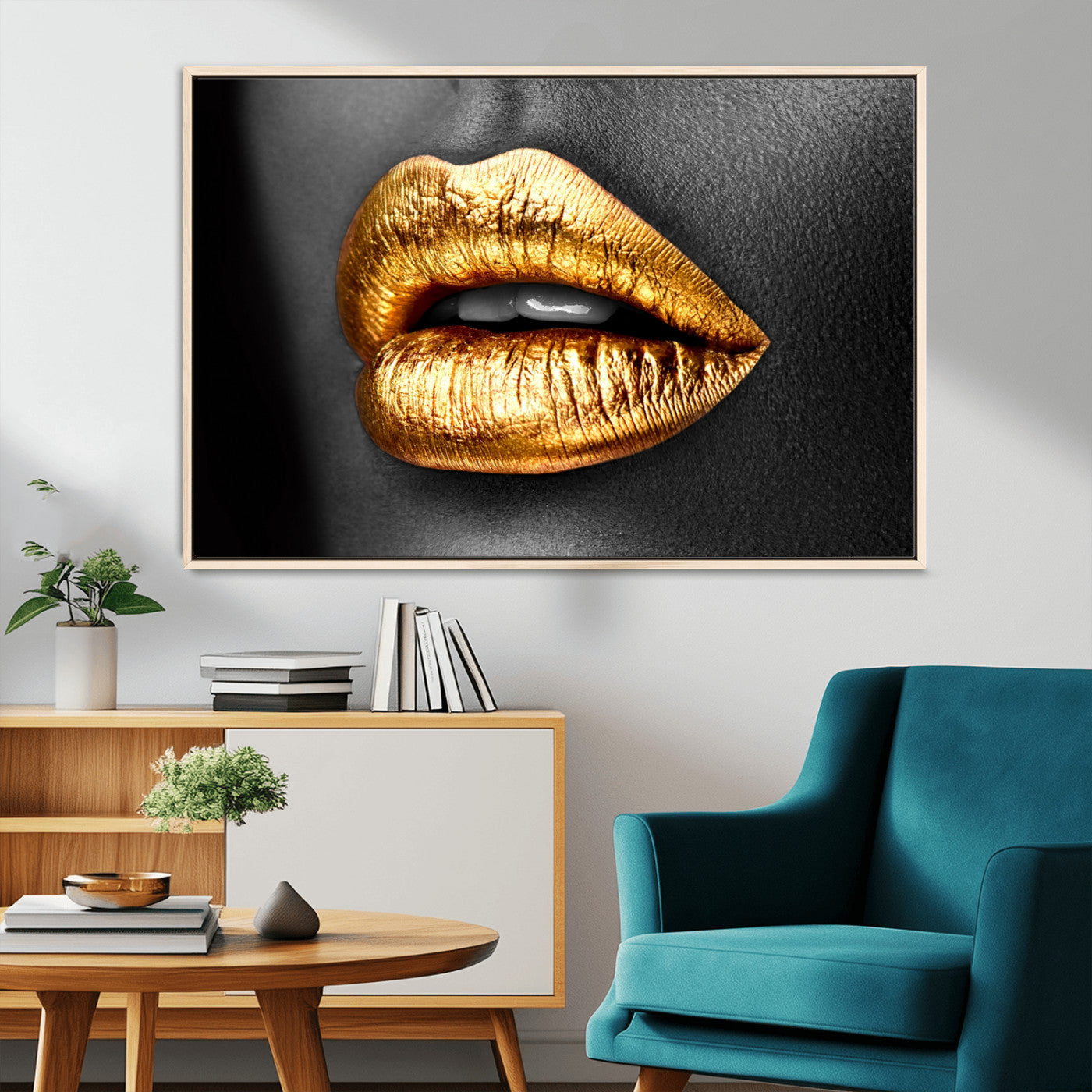 84747-MGV-CV-36X24-Golden Lips Black & White Portrait – Glamorous Metallic Lip Art Print, Modern Wall Decor for Bedroom, Beauty & Fashion Lover Gift
