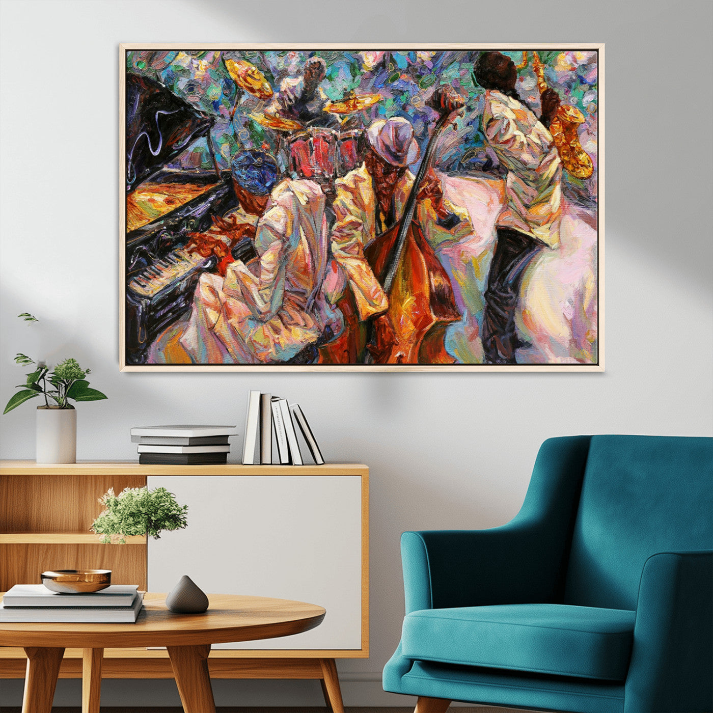34929-MGV-CV-36X24-Vibrant Jazz Band Painting – Colorful Musical Art Print, Energetic Wall Decor for Music Lovers, Modern Home or Studio Decoration