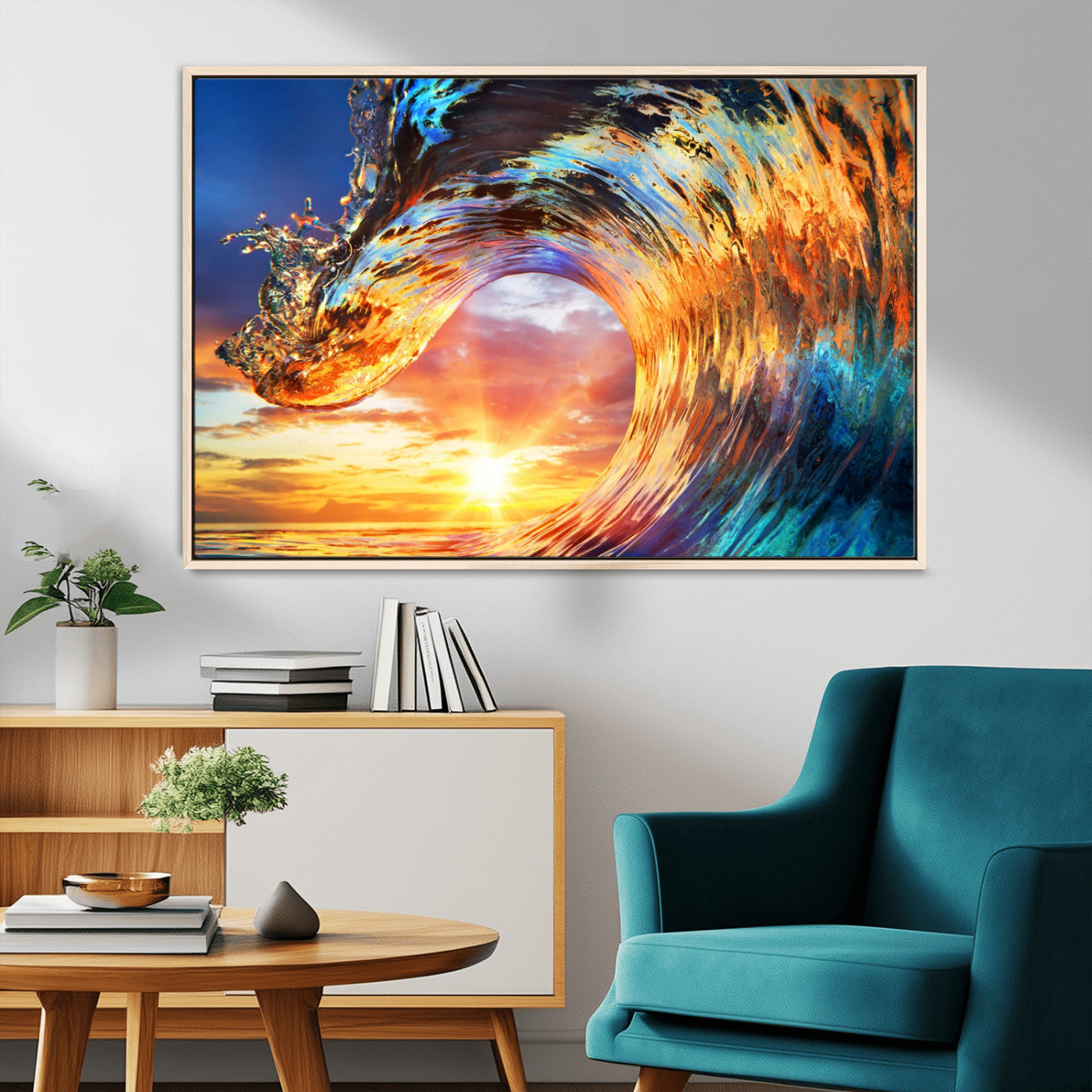 52890-MGV-CV-36X24-Surfing Wave Wall Art Canvas Print, Framed Sunset Ocean Art Picture Print, Ocean Wave Perfect Nautical Decor Artwork