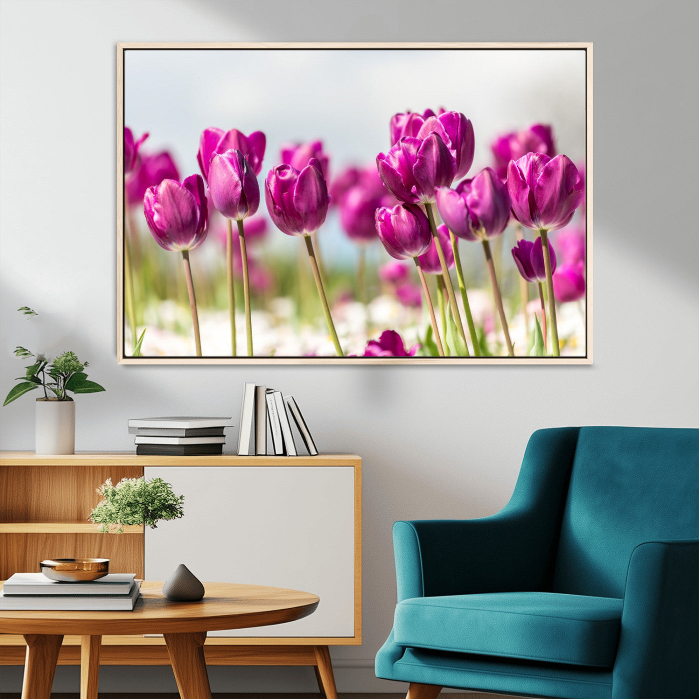 30632-MGV-CV-36X24-Purple Tulip Field Wall Art – Beautiful Spring Flowers Canvas Print with Soft Focus and Bright Sky, Ideal Floral Decor for Home or