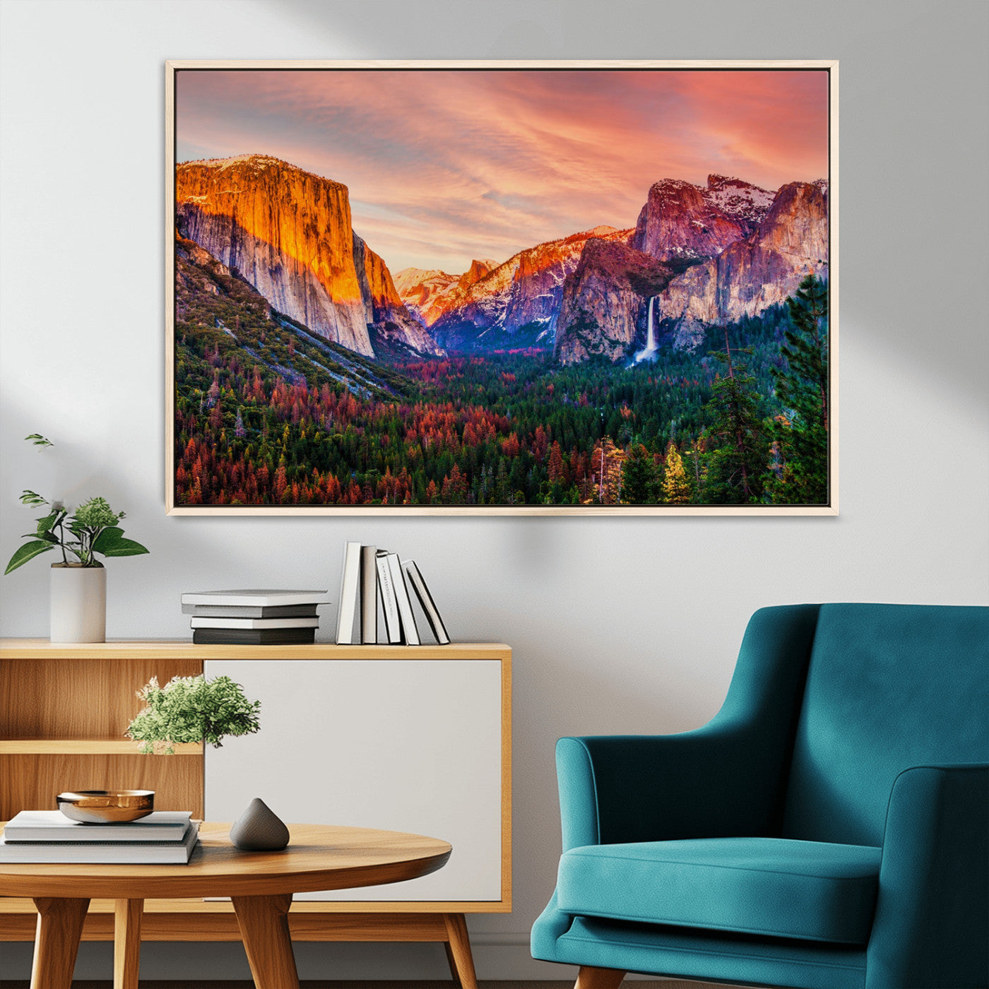 24519-MGV-CV-36X24-Yosemite Valley Sunset Wall Art – Majestic Mountain Landscape with Waterfall and Vibrant Sky, Nature Photography for Home or