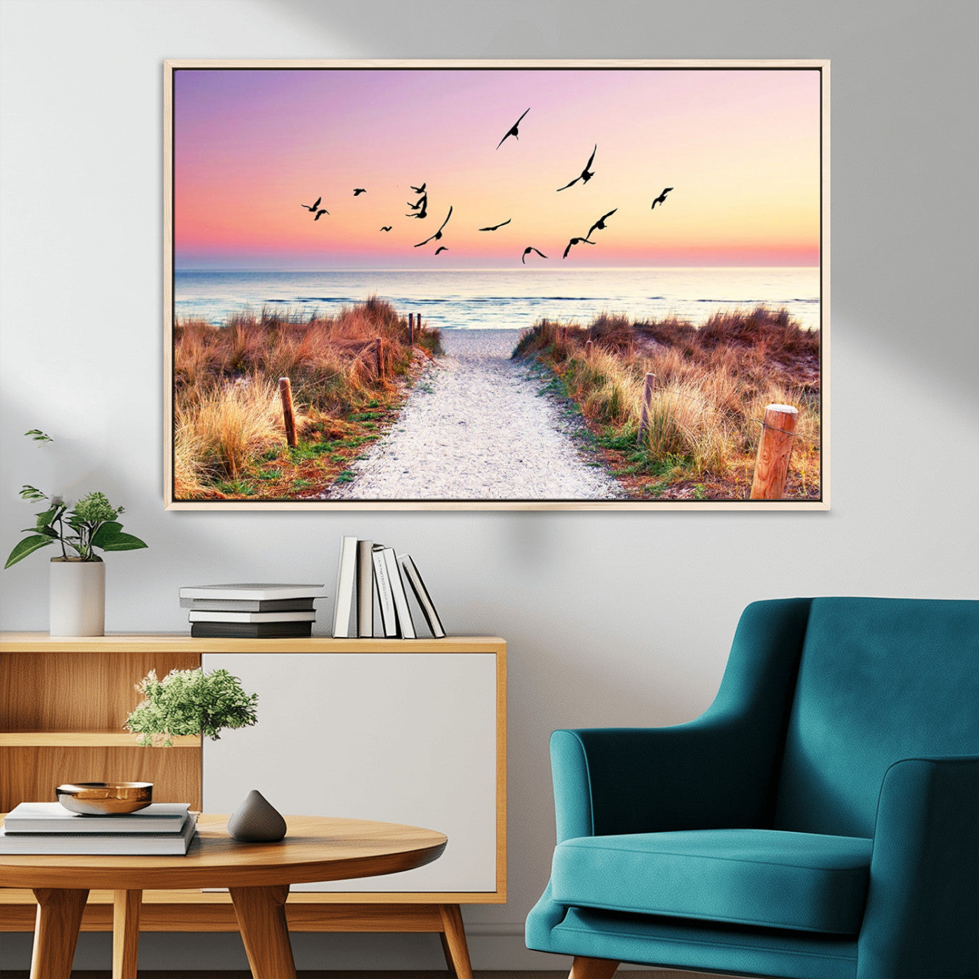 54411-MGV-FC-36X24_Natural-Beach Path with Birds Wall Art – Coastal Sunset Ocean Canvas Print, Seaside Nature Landscape Photography for Living Room, Bedroom