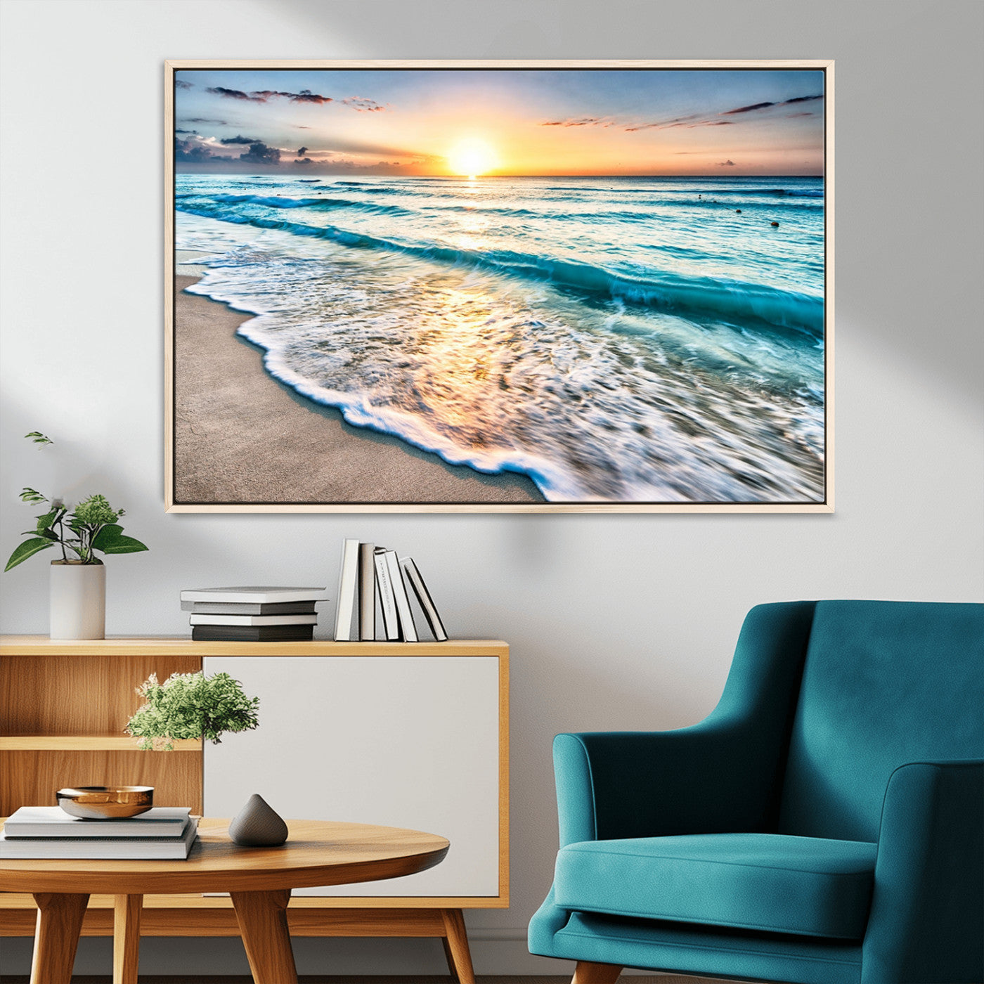 27815-MGV-FC-36X24_Natural-Ocean Sunrise Beach Wall Art – Serene Coastal Canvas Print with Waves and Golden Morning Light, Relaxing Seascape Decor for