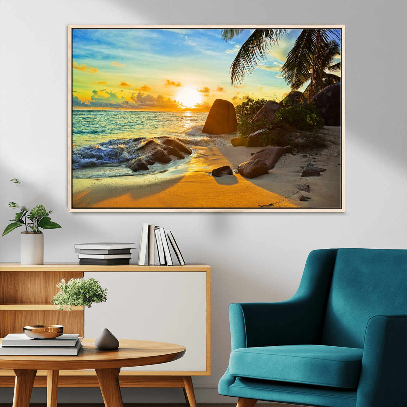 26181-MGV-FC-36X24_Natural-Golden Tropical Sunset Beach Wall Art – Ocean Canvas Print with Palm Trees and Rocks, Coastal Paradise Decor for Living Room or
