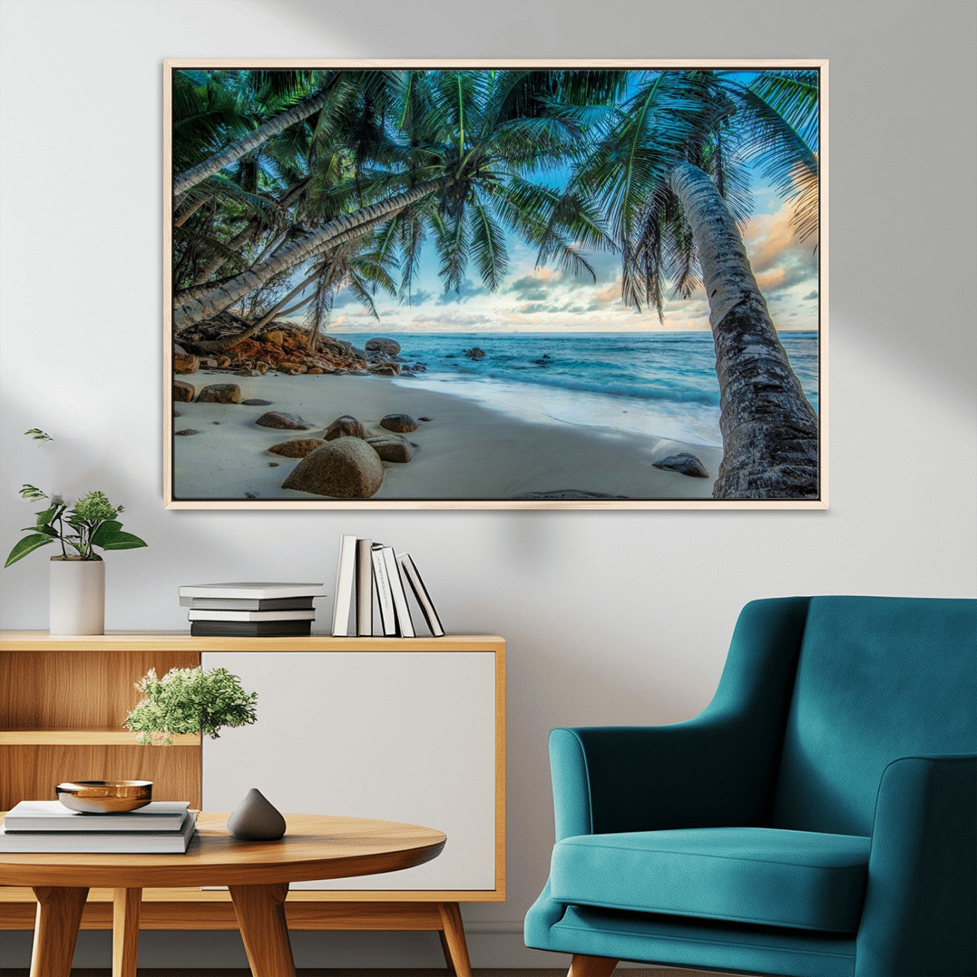 39679-MGV-FC-36X24_Natural-Tropical Palm Beach Wall Art – Serene Ocean Canvas Print with Palm Trees and Rocks, Coastal Paradise Decor for Living Room or