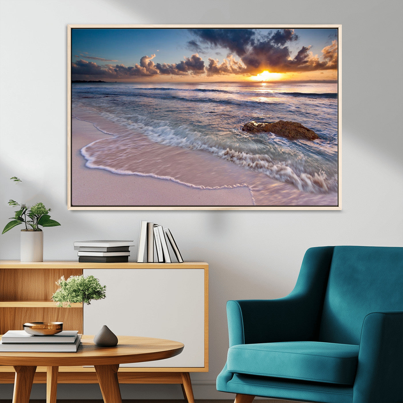 94906-MGV-FC-36X24_Natural-Sunrise Beach Wall Art – Panoramic Ocean Waves Canvas Print, Coastal Sunset Seascape Artwork for Living Room, Bedroom, or Office