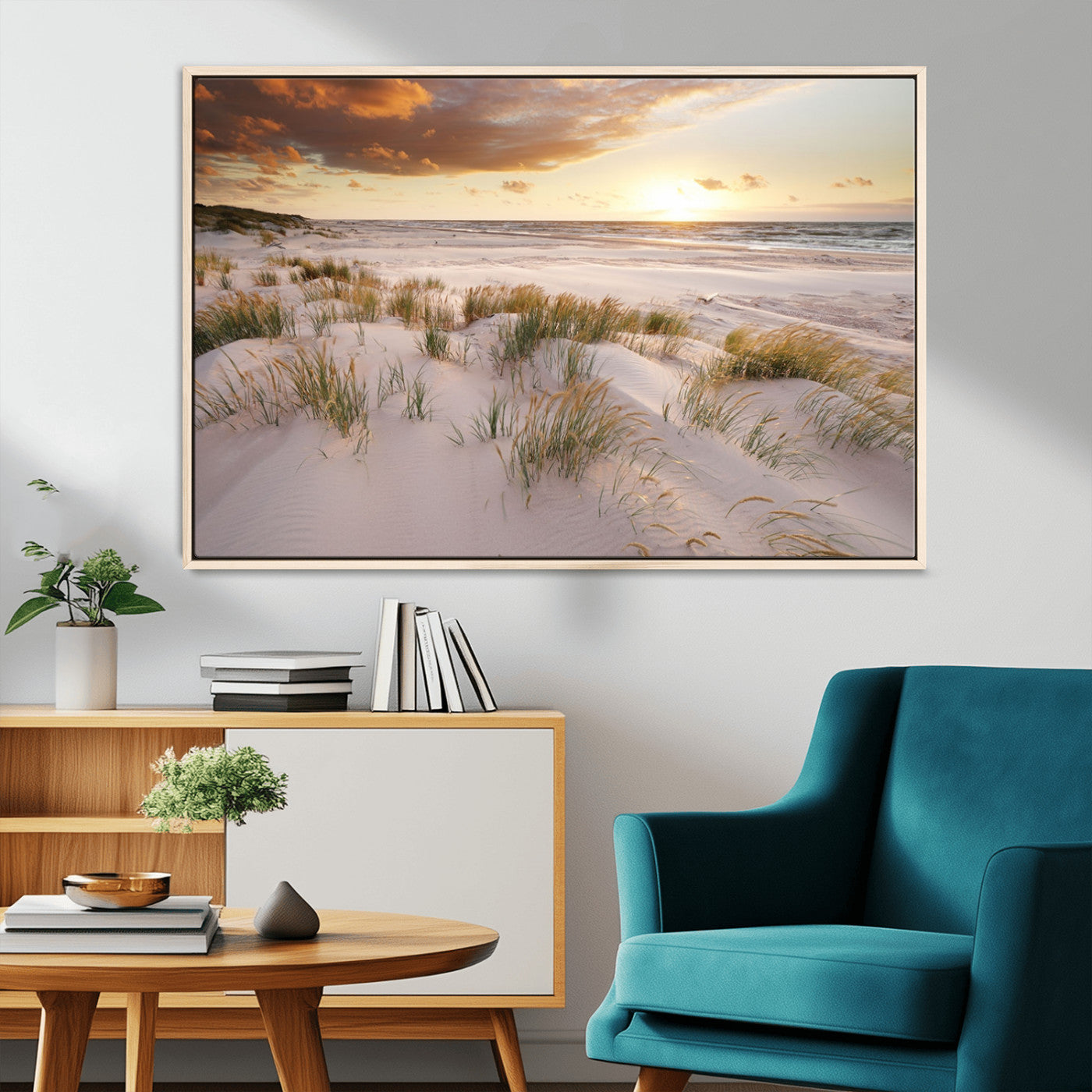 61246-MGV-FC-36X24_Natural-Coastal Sand Dunes Wall Art – Serene Beach Sunset Canvas Print with Grasses and Ocean View, Tranquil Seaside Decor for Living Room
