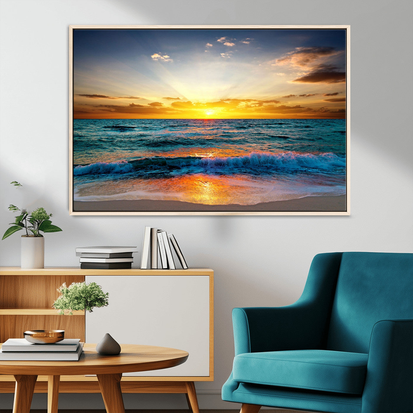 50627-MGV-FC-36X24_Natural-Ocean Sunset Wall Art – Serene Beach Canvas Print with Waves and Golden Sky, Coastal Decor for Living Room or Office