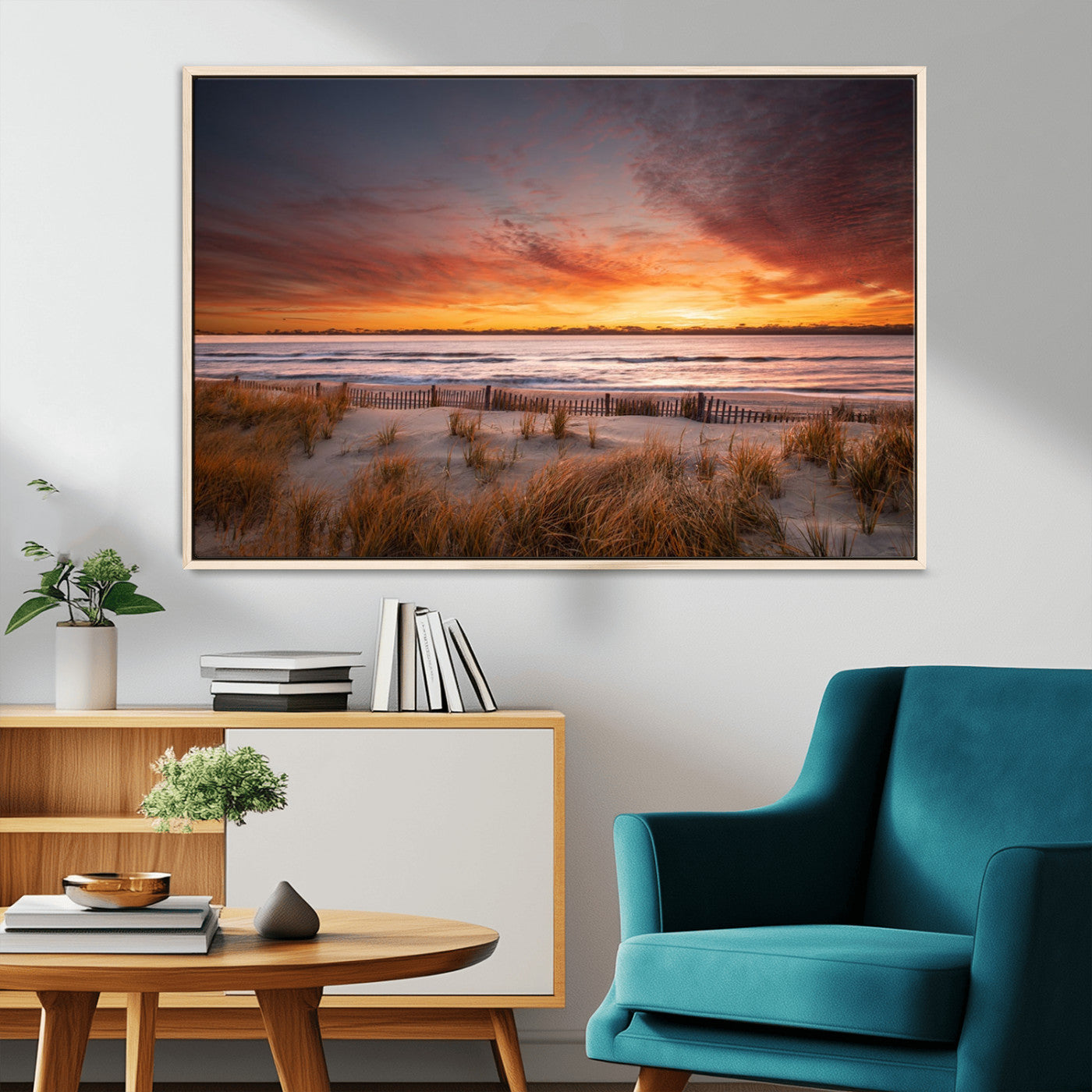 90176-MGV-FC-36X24_Natural-Beach Sunset Wall Art – Coastal Sand Dune Canvas Print with Ocean Waves and Dramatic Sky, Seaside Landscape Decor for Living Room