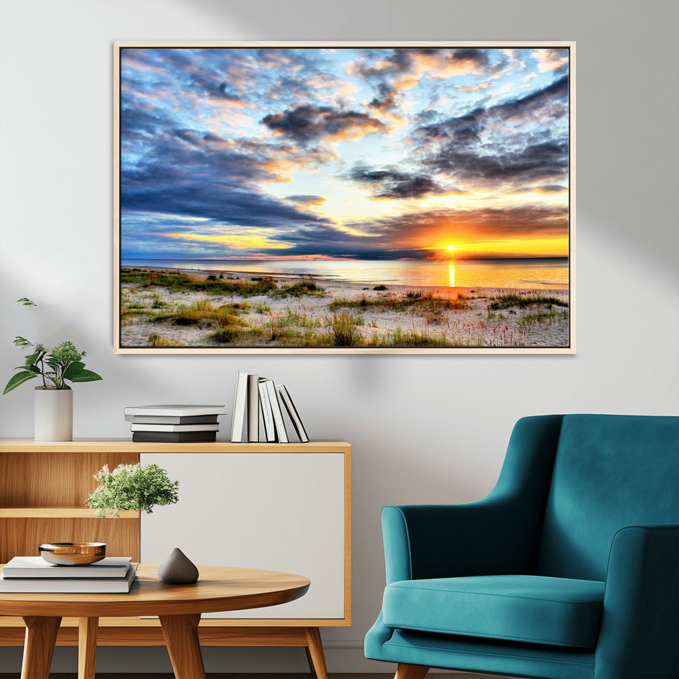 39645-MGV-FC-36X24_Natural-Golden Beach Sunset Wall Art – Serene Ocean Horizon Canvas Print, Coastal Nature Landscape Decor for Living Room, Bedroom or