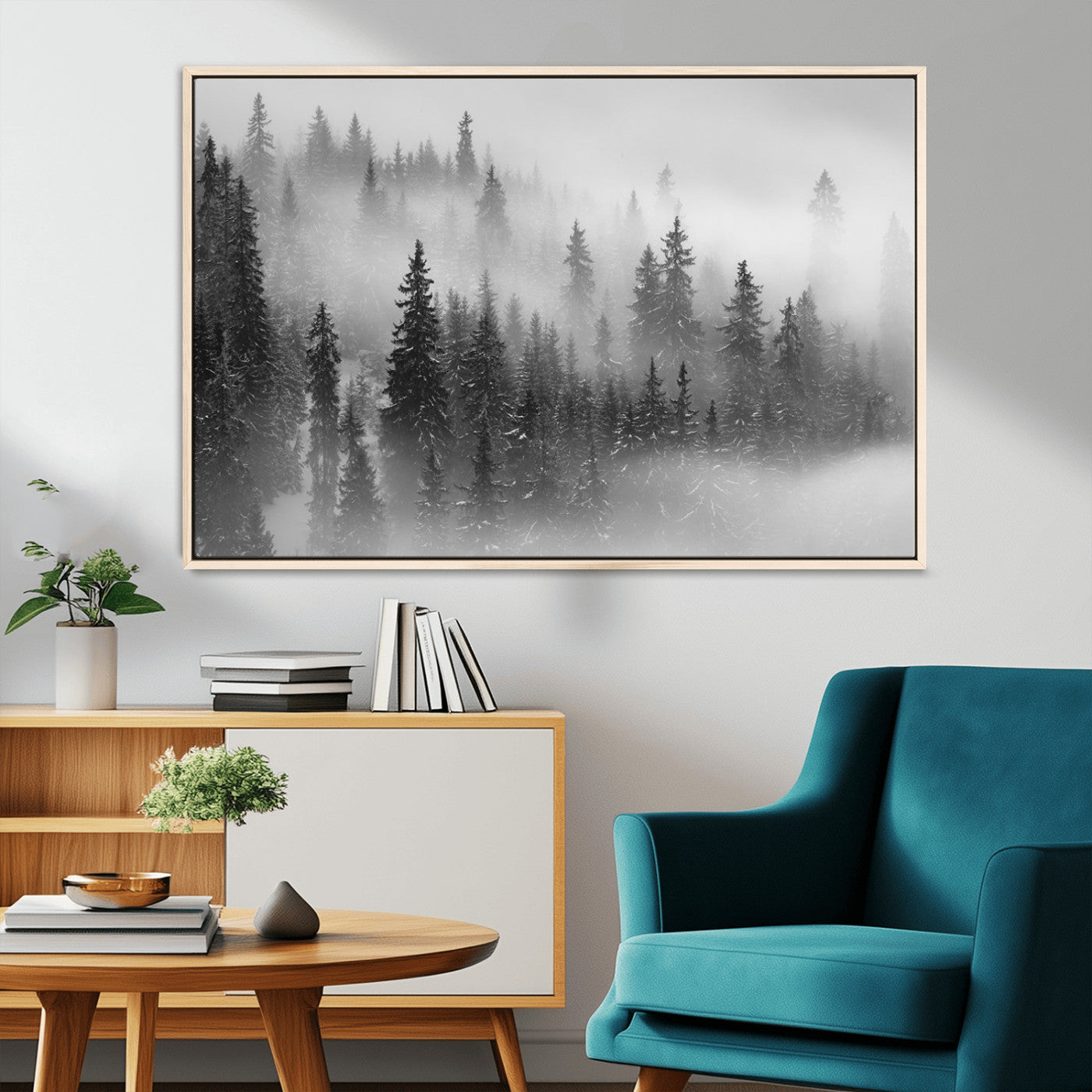 57235-MGV-CV-36X24-Misty Pine Forest Wall Art – Black and White Mountain Landscape Canvas Print, Nature Woodland Decor for Living Room, Bedroom or