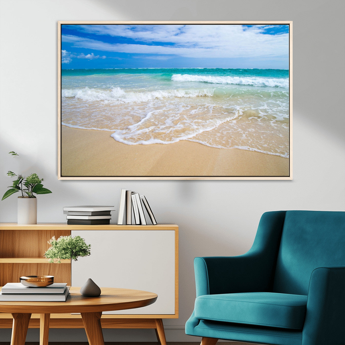 20660-MGV-FC-36X24_Natural-Ocean Wave Beach Wall Art – Serene Blue Sea and Sandy Shore Canvas Print, Coastal Landscape Photography Decor for Living Room or