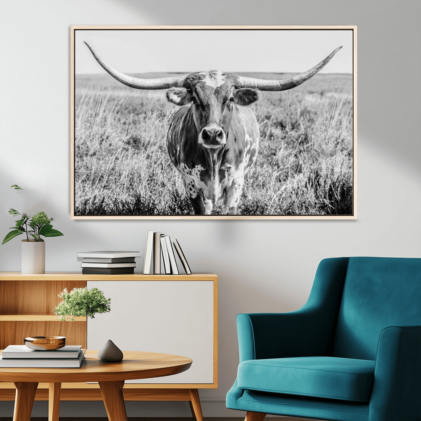 77320-MGV-FC-36X24_Natural-Texas Longhorn Wall Art – Black and White Western Cattle Canvas Print, Rustic Farmhouse Animal Photography Decor for Living Room,