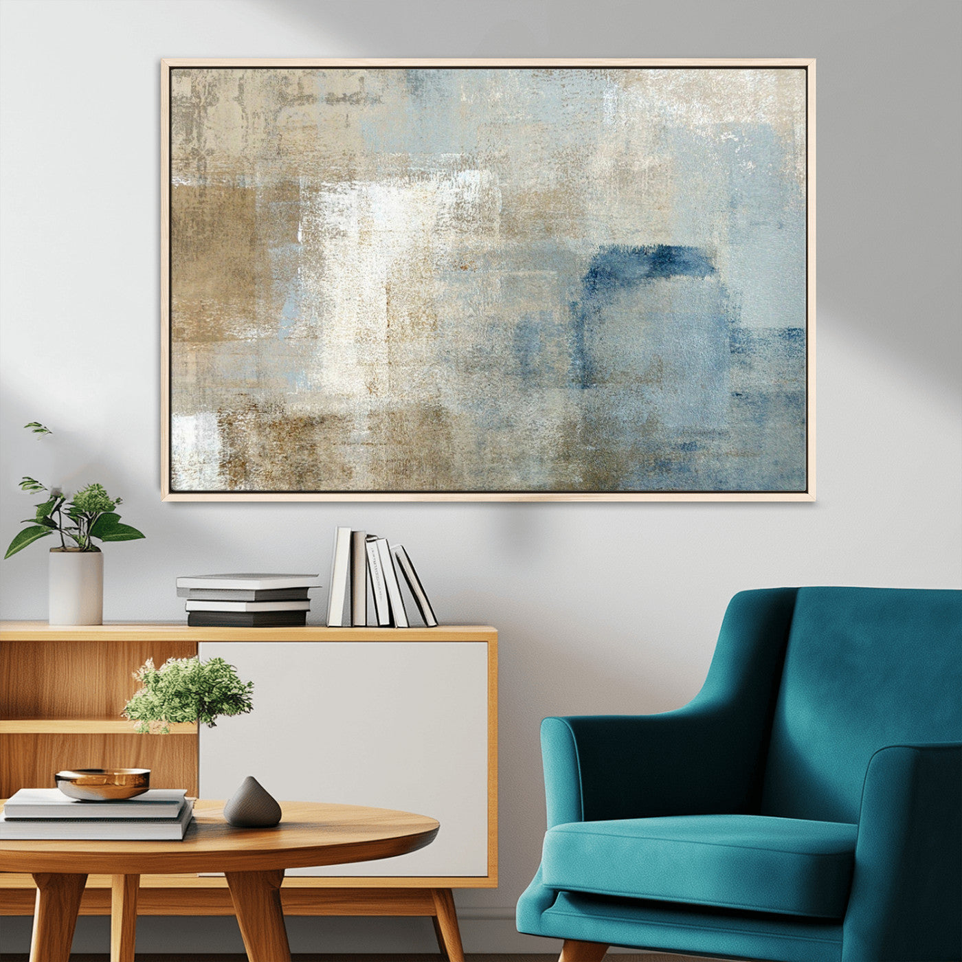 38126-MGV-FC-36X24_Natural-Neutral Abstract Wall Art – Modern Beige and Blue Canvas Print and Minimalist Textured Painting for Living Room, Bedroom or Office