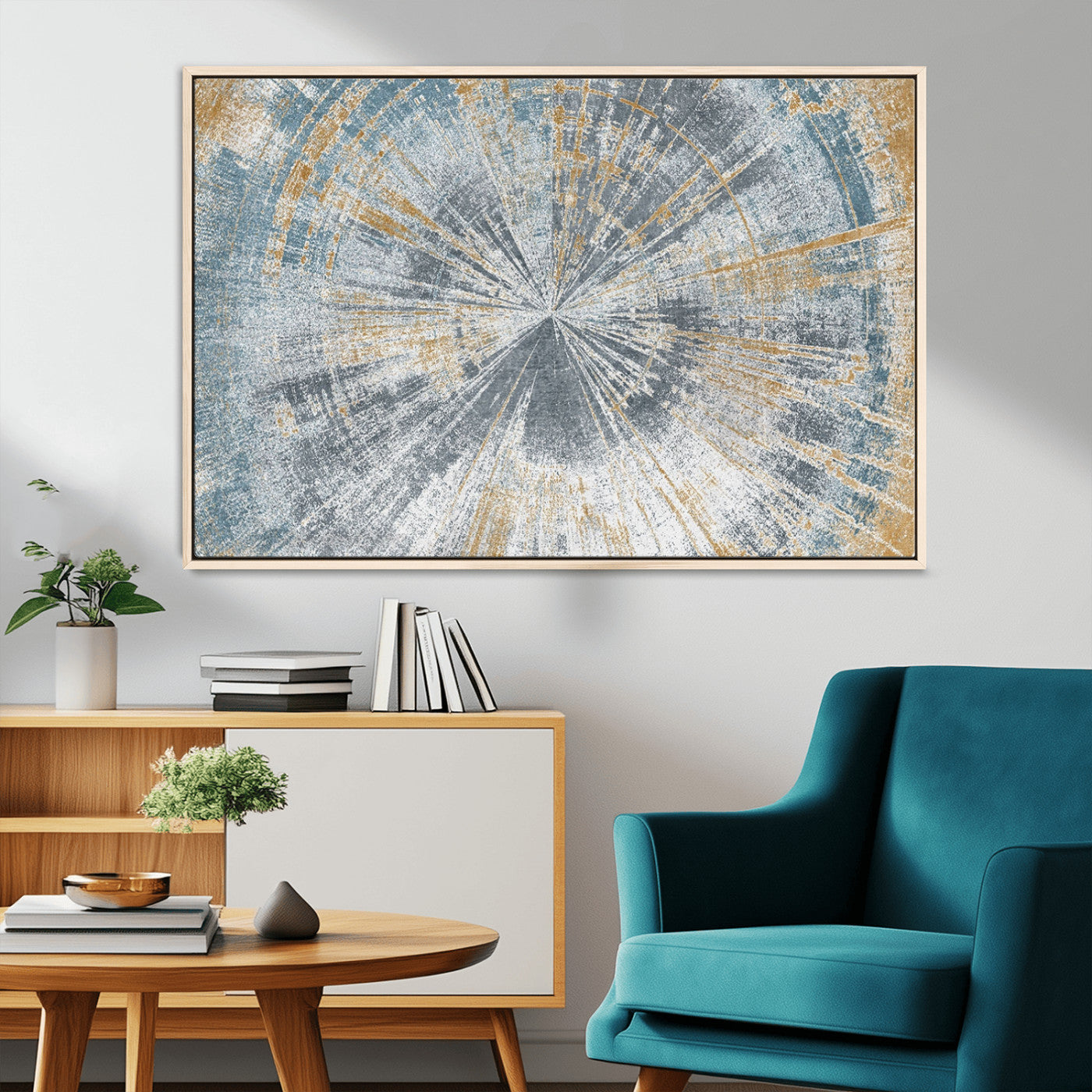17631-MGV-FC-36X24_Natural-Radiant Burst Wall Art – Abstract Sunburst Canvas Print in Blue and Gold, Modern Geometric Painting for Living Room, Office or