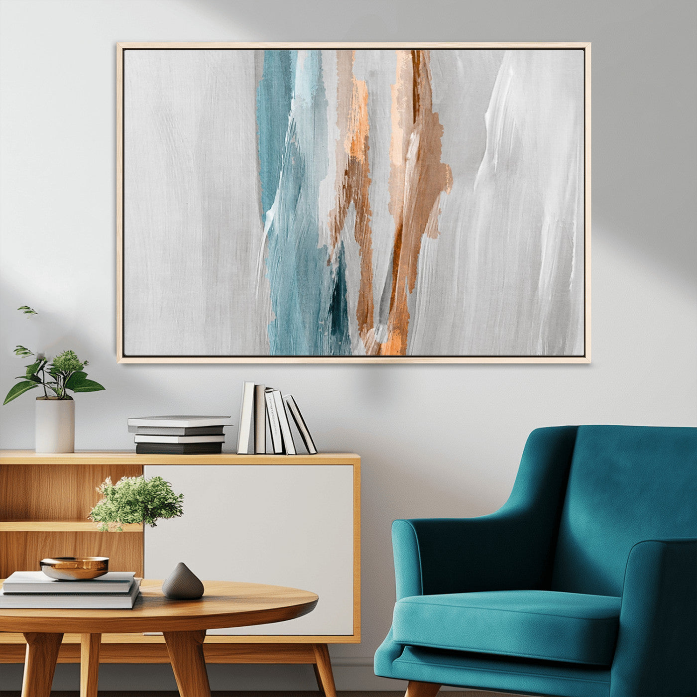 66154-MGV-CV-36X24-Abstract Brushstroke Wall Art – Modern Teal and Gold Canvas Print, Minimalist Contemporary Painting for Living Room, Bedroom, or