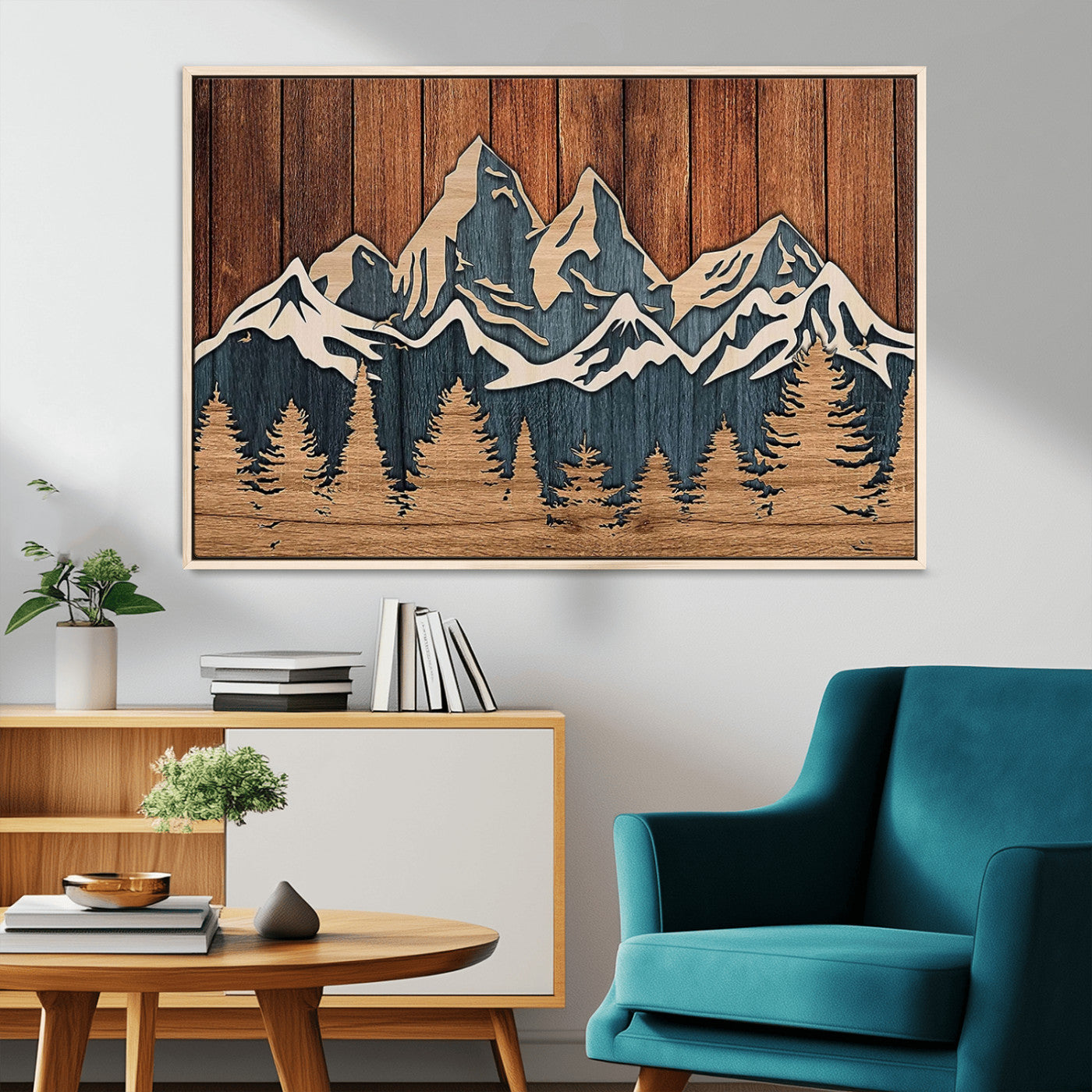 41330-MGV-CV-36X24-Rustic Mountain Wall Art – Wooden Nature Scene with Trees and Peaks, Handmade 3D Layered Decor for Living Room, Cabin or Office