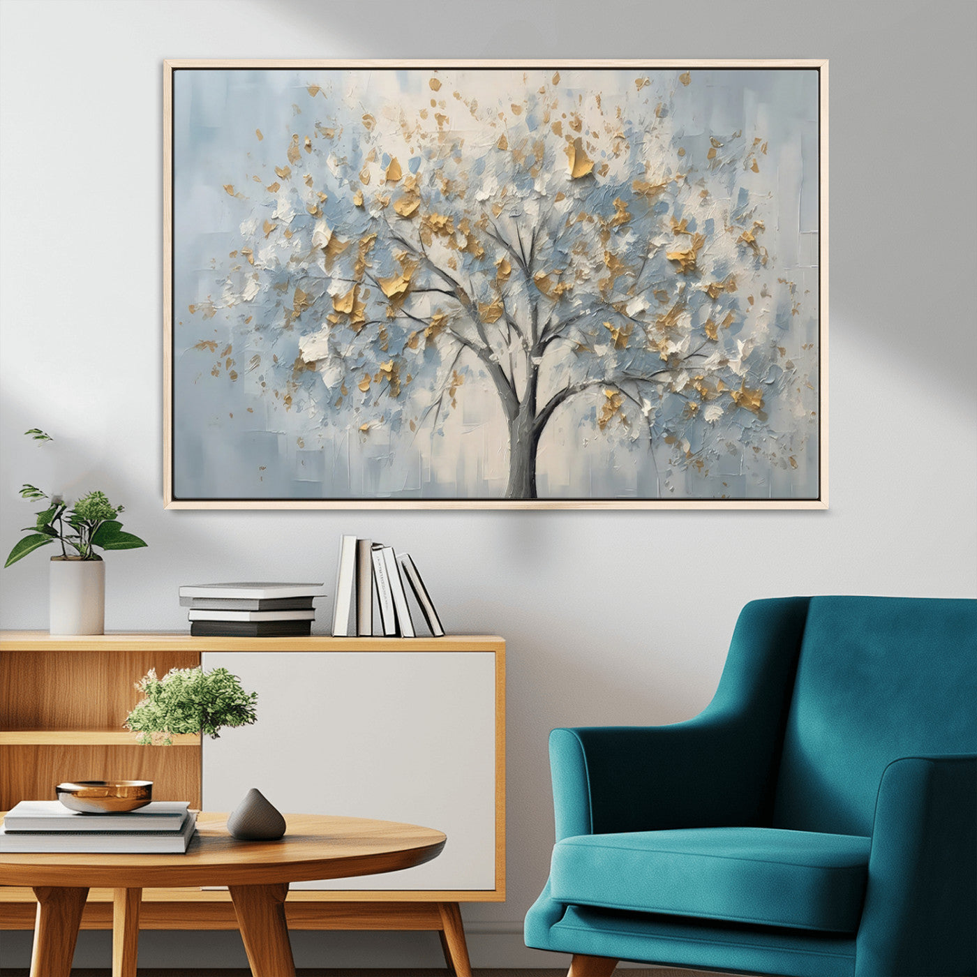 65811-MGV-FC-36X24_Natural-Abstract Tree Wall Art – Textured Canvas Painting with Gold and White Leaves, Modern Nature Inspired Decor for Living Room or