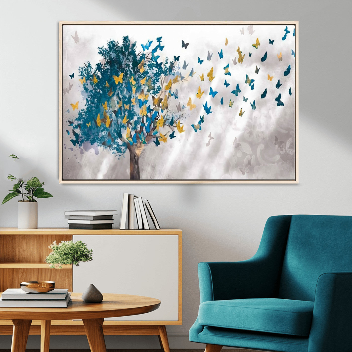 37564-MGV-CV-36X24-Butterfly Tree Wall Art – Modern Nature Canvas Print with Blue and Golden Butterflies, Elegant Decorative Painting for Living Room
