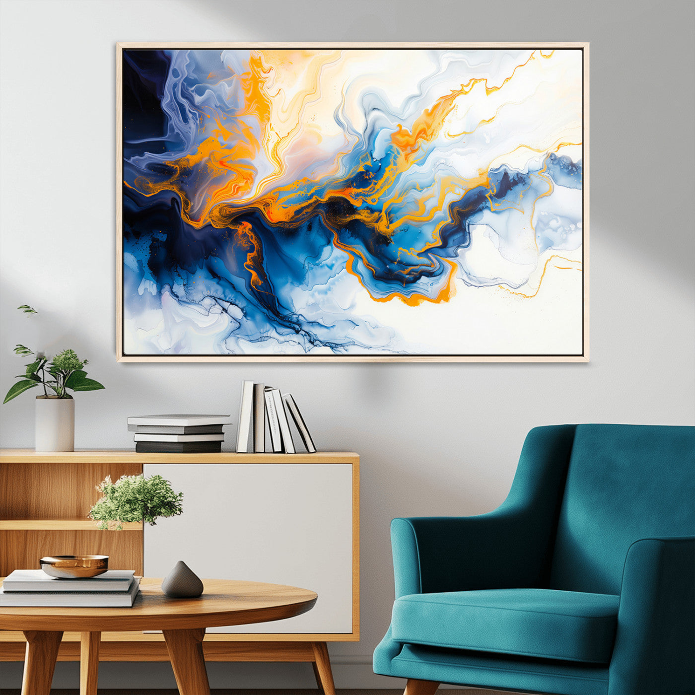 83720-MGV-CV-36X24-Abstract Fluid Wall Art – Blue, White and Gold Swirl Canvas Painting, Modern Contemporary Artwork for Living Room, Bedroom or