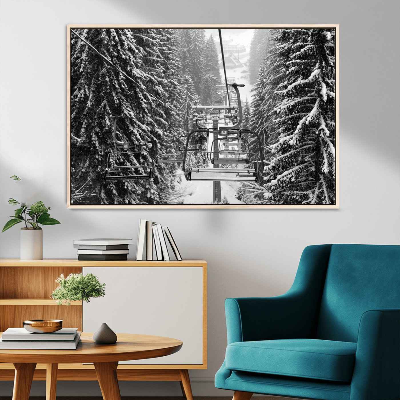 19240-MGV-CV-36X24-Ski Lift Wall Art – Black and White Winter Mountain Canvas Print, Snowy Forest Ski Resort Photography for Cabin, Lodge, Office or