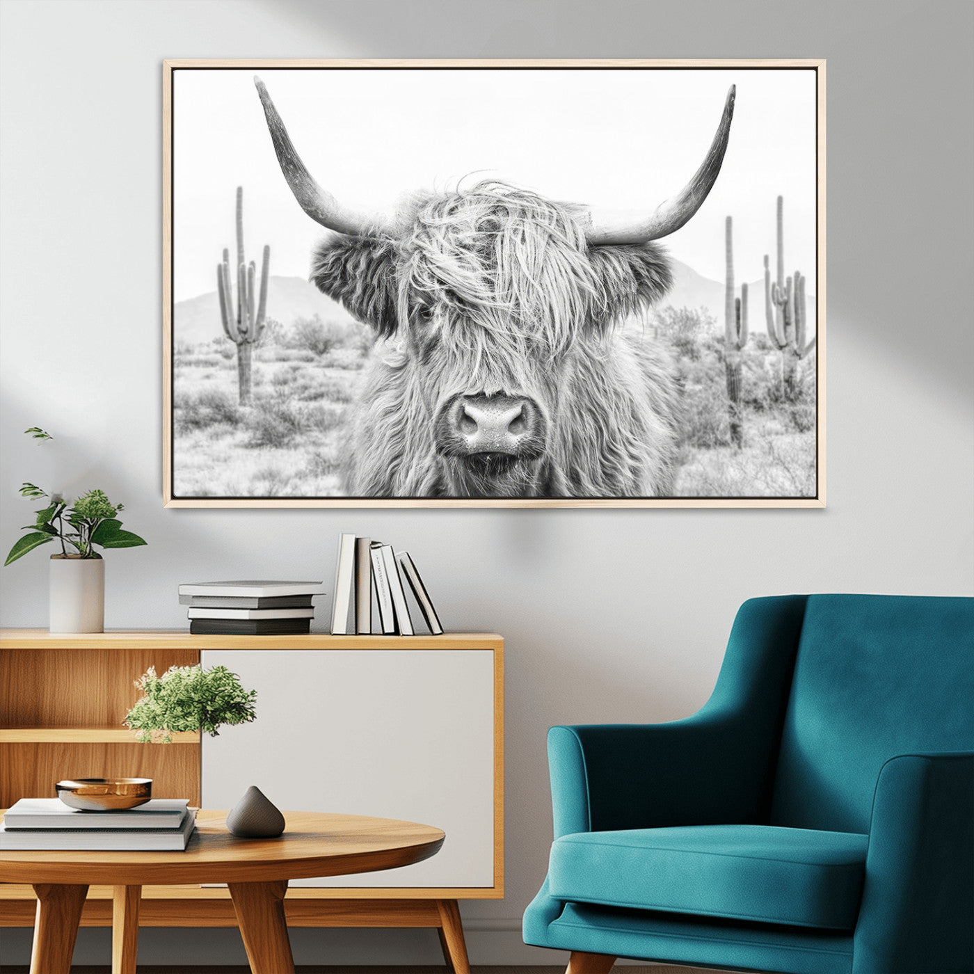 94579-MGV-CV-36X24-Highland Cow Wall Art – Black and White Longhorn Canvas Print, Rustic Western Farmhouse Animal Photography for Living Room,