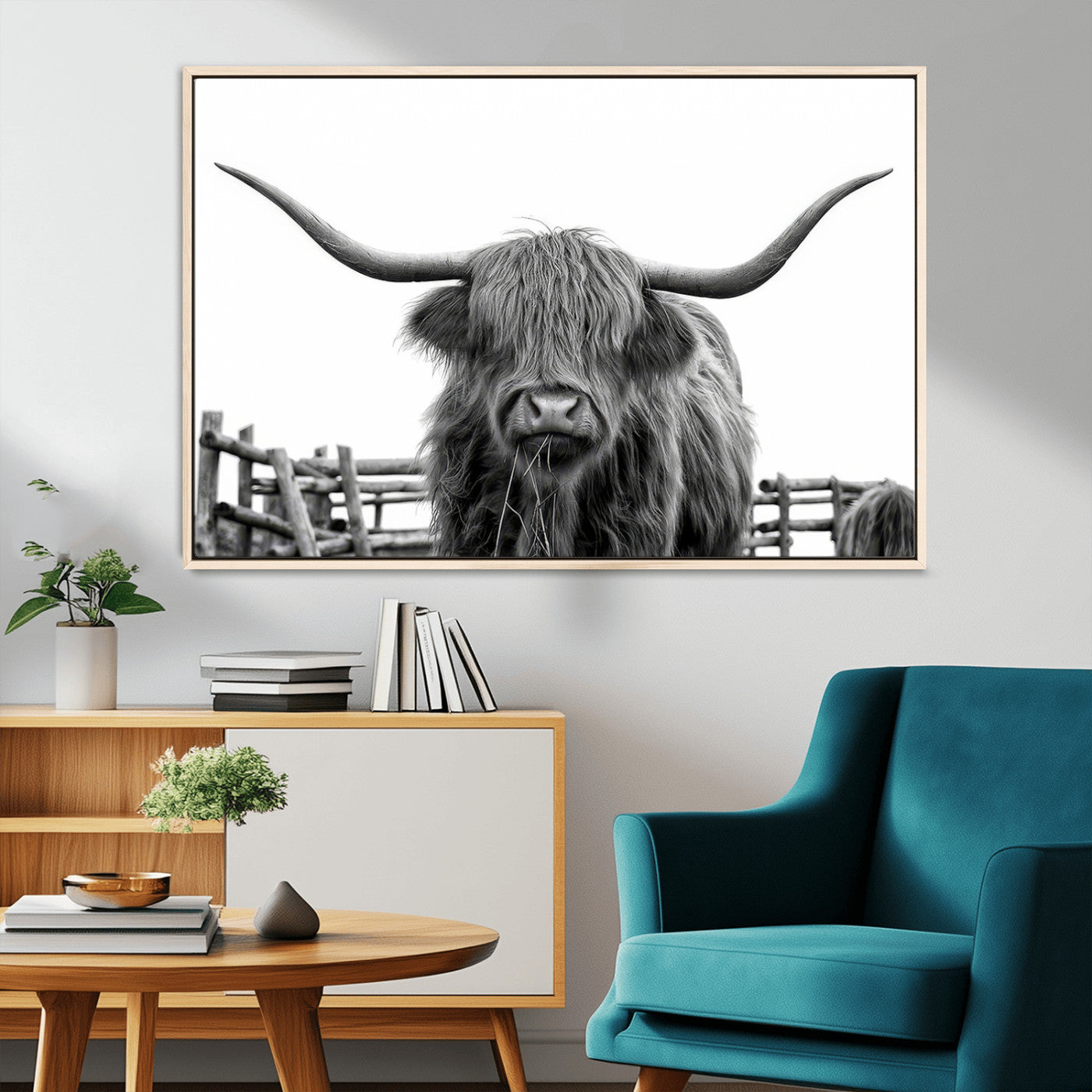 58188-MGV-CV-36X24-Highland Cow Wall Art – Black and White Rustic Farmhouse Canvas Print, Longhorn Cattle Photography Decor for Living Room or