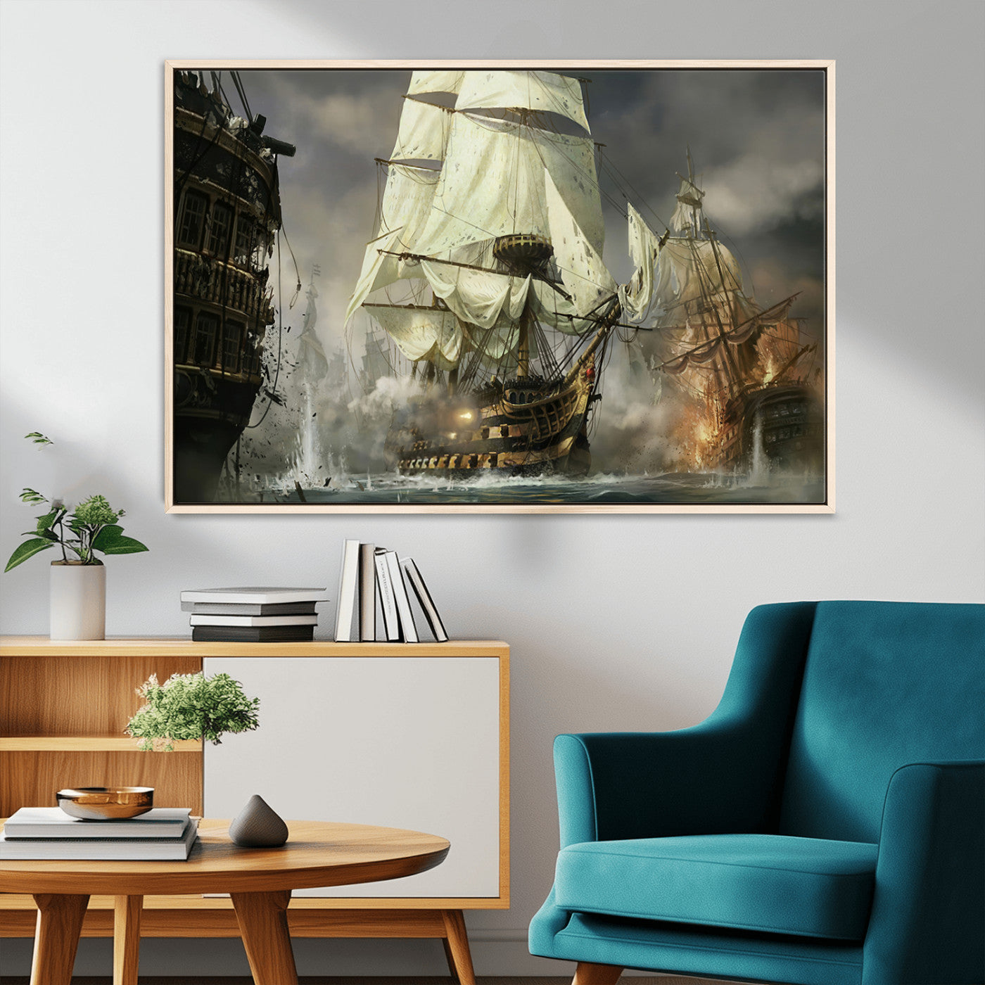26512-MGV-CV-36X24-Naval Battle Wall Art – Dramatic Tall Ship Canvas Print, Historic Pirate Sailing War Scene, Nautical Decor for Office, Study or