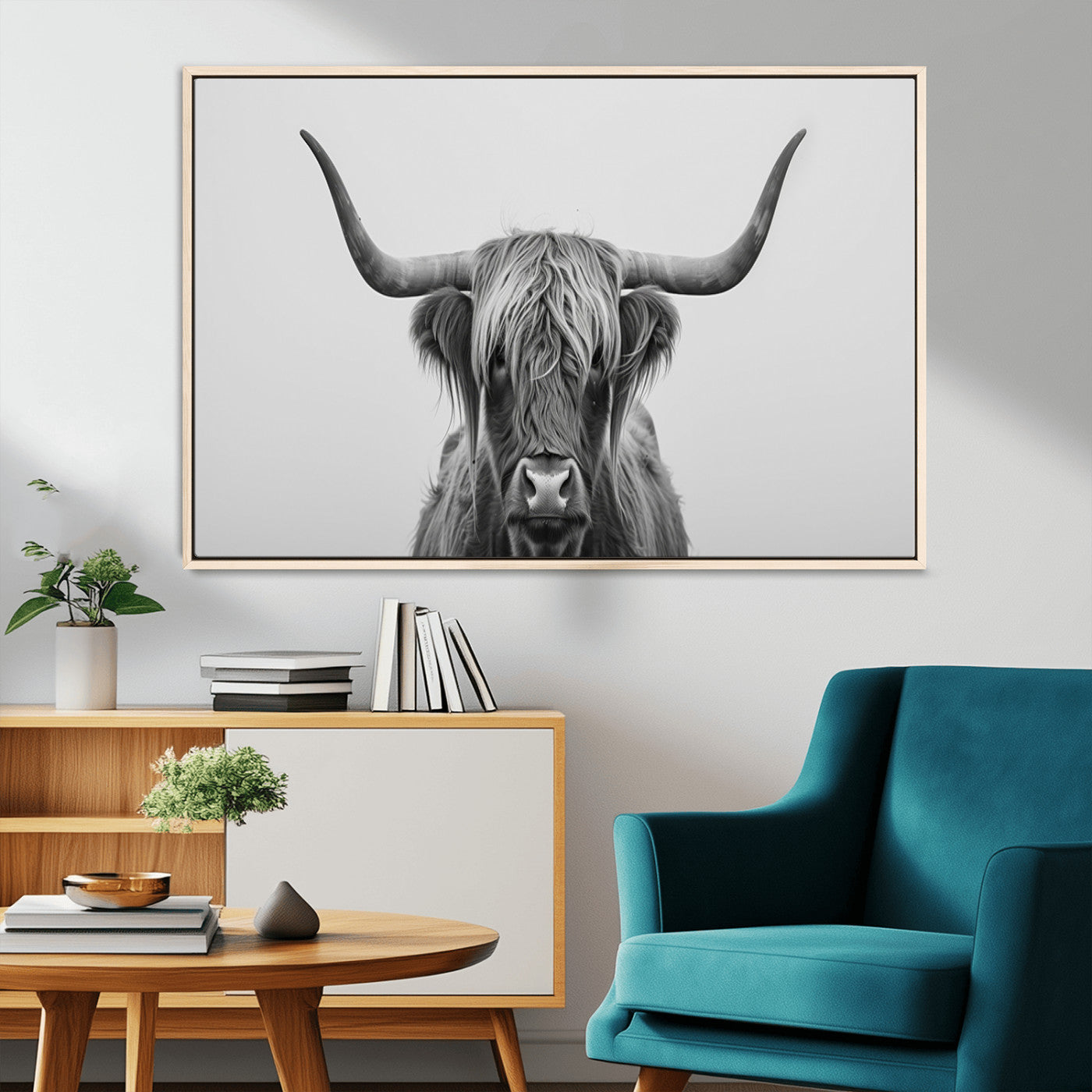 35820-MGV-CV-36X24-Minimalist Highland Cow Wall Art – Black and White Longhorn Cattle Canvas Print, Modern Farmhouse Animal Photography Decor for