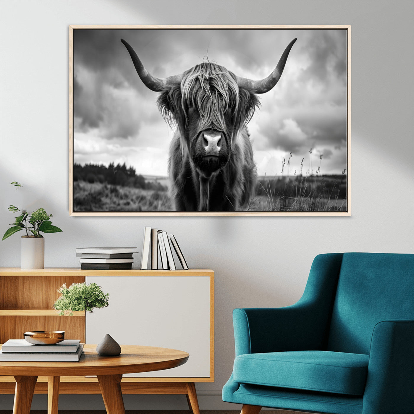 17924-MGV-CV-36X24-Highland Cow Wall Art – Black and White Rustic Longhorn Cattle Canvas Print, Farmhouse Animal Photography Decor for Country Home