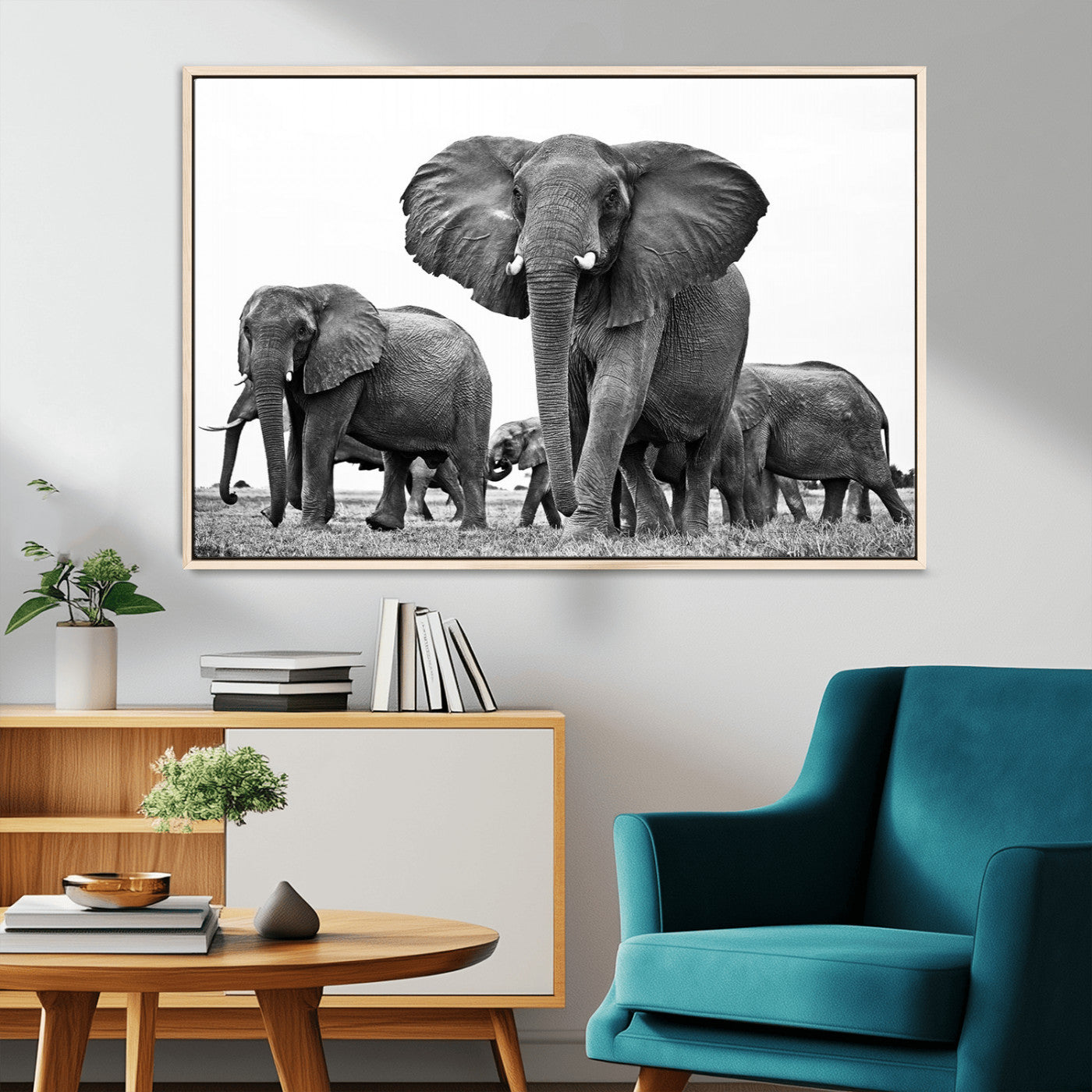 91685-MGV-CV-36X24-Elephant Herd Wall Art – Black and White Safari Canvas Print, African Wildlife Photography Decor for Living Room, Office or
