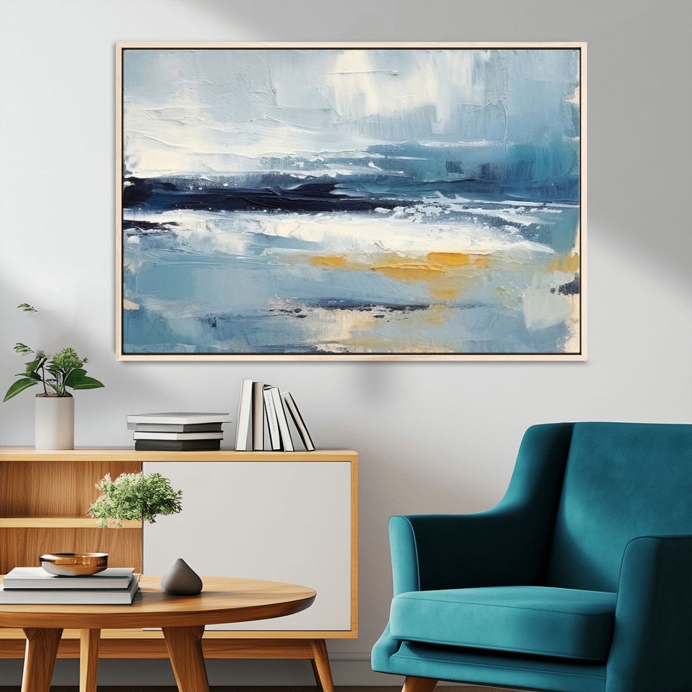 19746-MGV-CV-36X24-Abstract Ocean Wall Art – Modern Coastal Canvas Print with Blue, White and Gold Textures, Contemporary Seascape Painting for