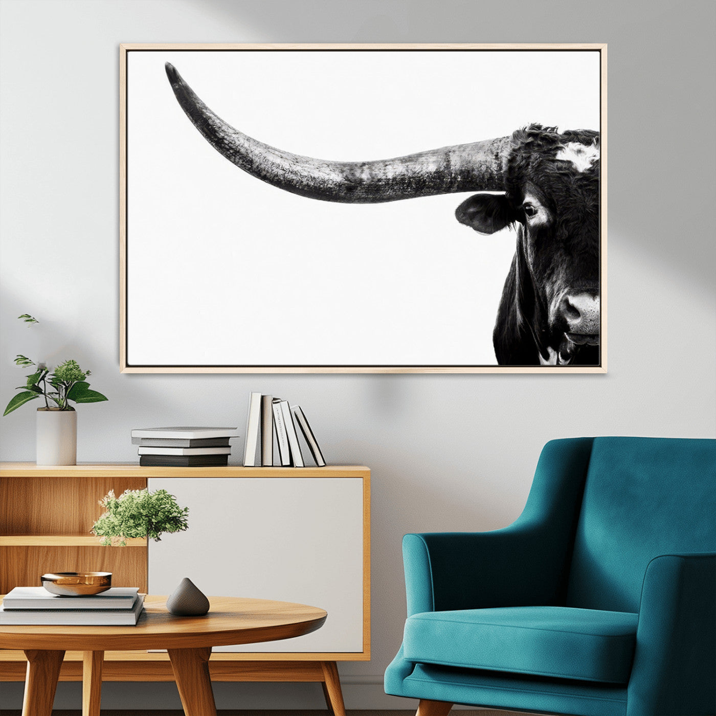 31699-MGV-CV-36X24-Longhorn Wall Art – Black and White Texas Longhorn Cow Canvas Print, Rustic Western Farmhouse Artwork for Living Room, Bedroom or