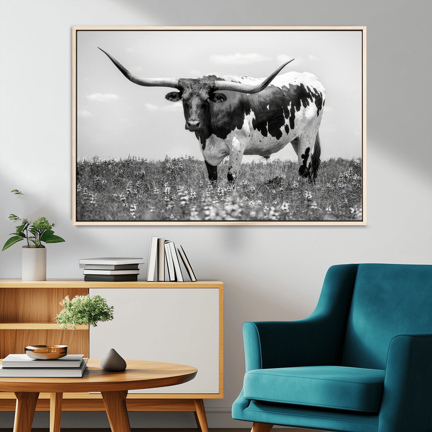 94709-MGV-CV-36X24-Texas Longhorn Wall Art – Black and White Bull Photography Canvas Print, Western Farmhouse Wall Decor for Living Room, Office or