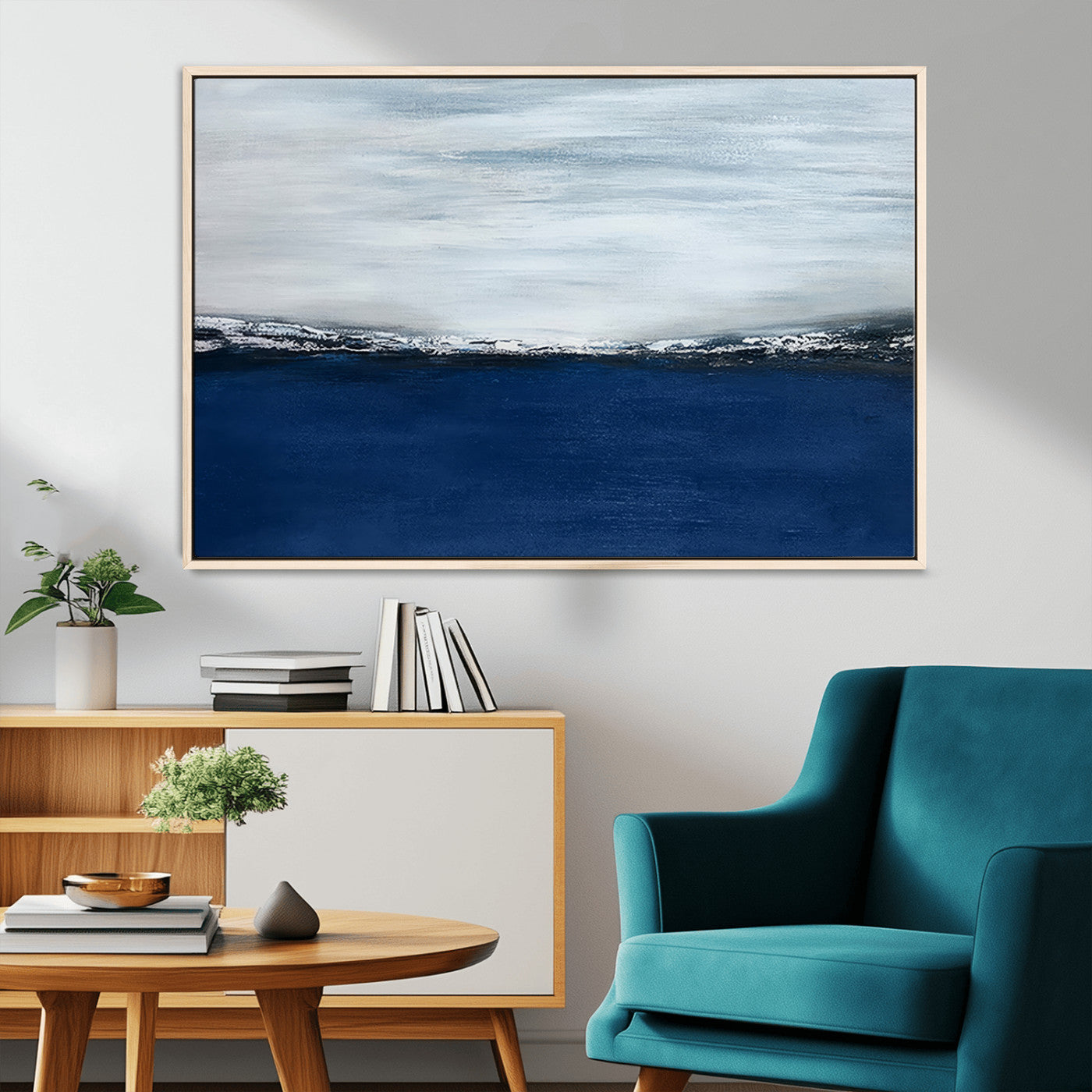 62197-MGV-FC-36X24_Natural-Abstract Ocean Wall Art – Minimalist Blue and White Canvas Print, Modern Coastal Seascape Painting for Bedroom, Living Room or